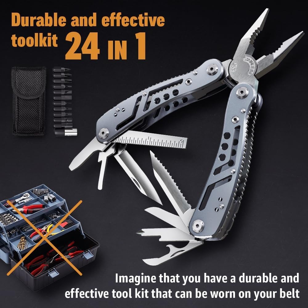 24-in-1 Multitool W/ Knife Pliers & 11 Bits Sharp Stainless Steel Multi Tool Men