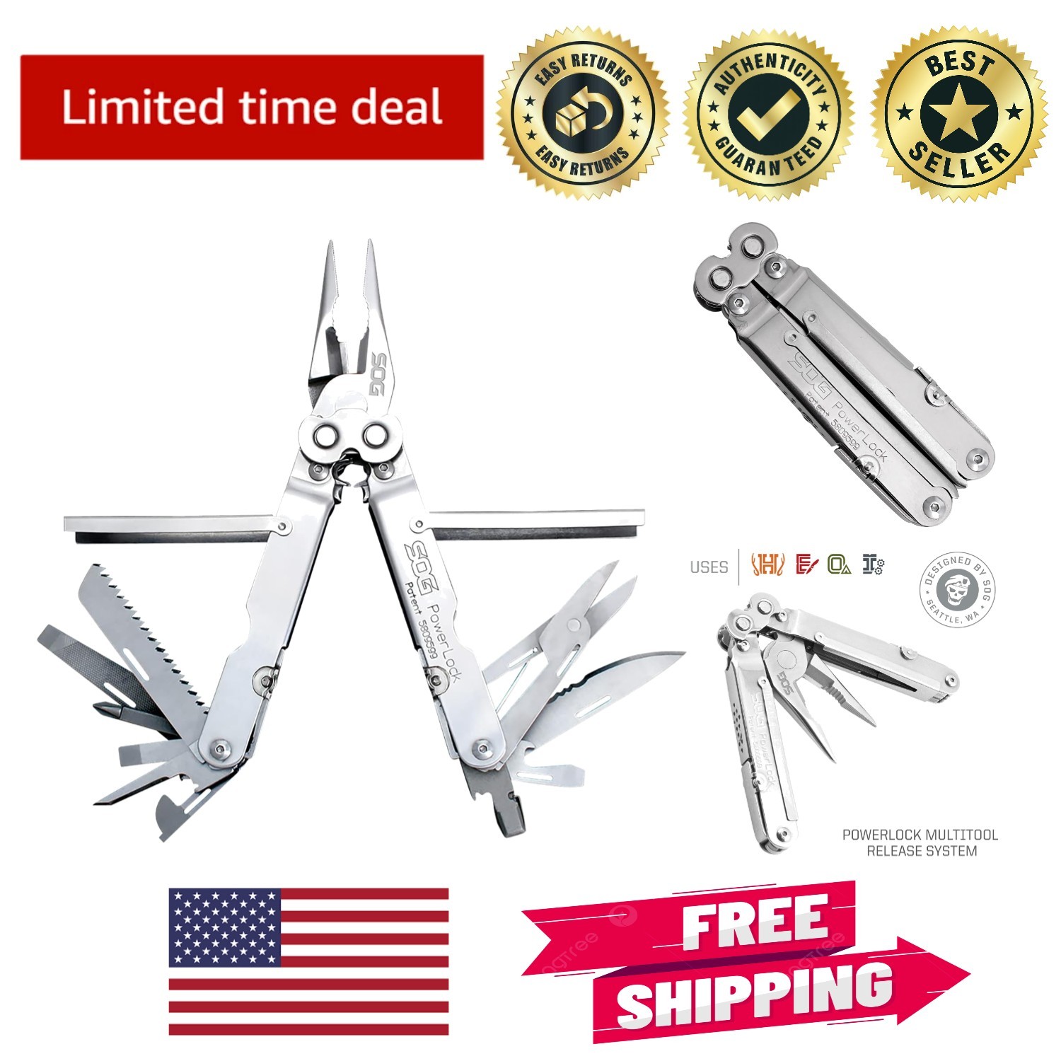 Multifunctional Heavy Duty 18-Tool Powerlock Pliers with Scissors & Satin Sheath