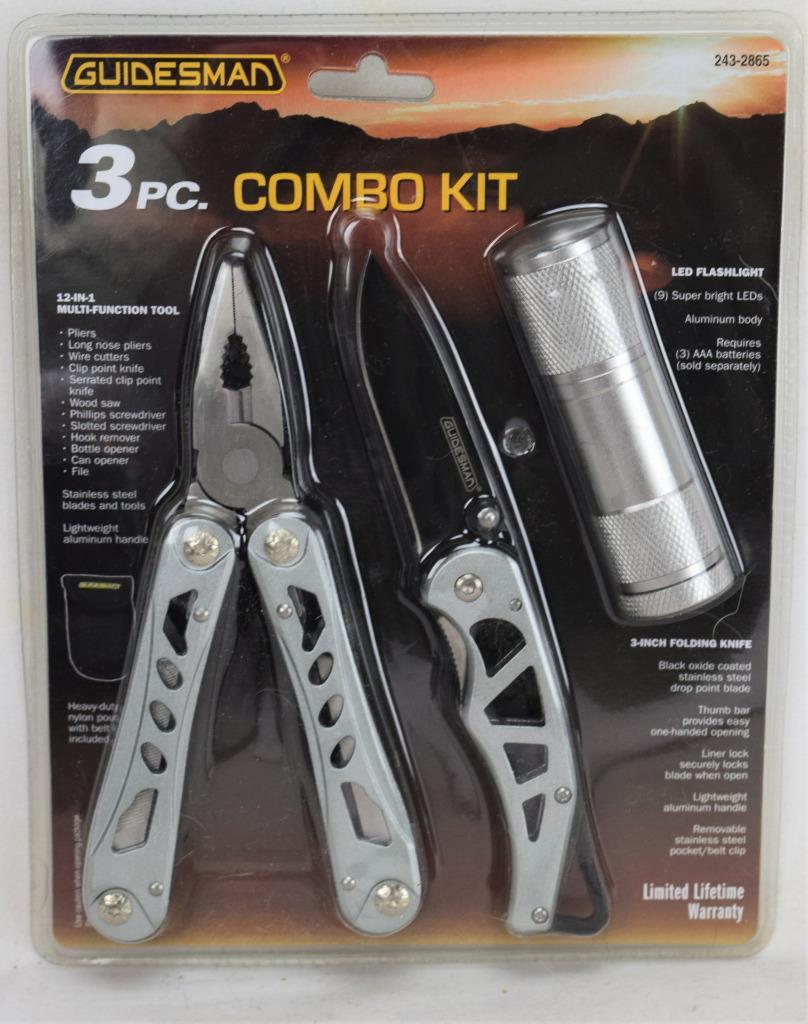 Guidesman 3 Pc. Combo Kit 12 In 1 Multi Tool w/Case Knife Flashlight NIP