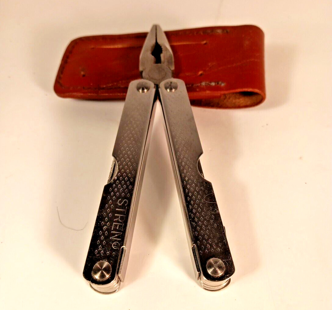 Stren Stainless Steel Multi Tool w Leather Belt Sheath Folding Pliers Rare