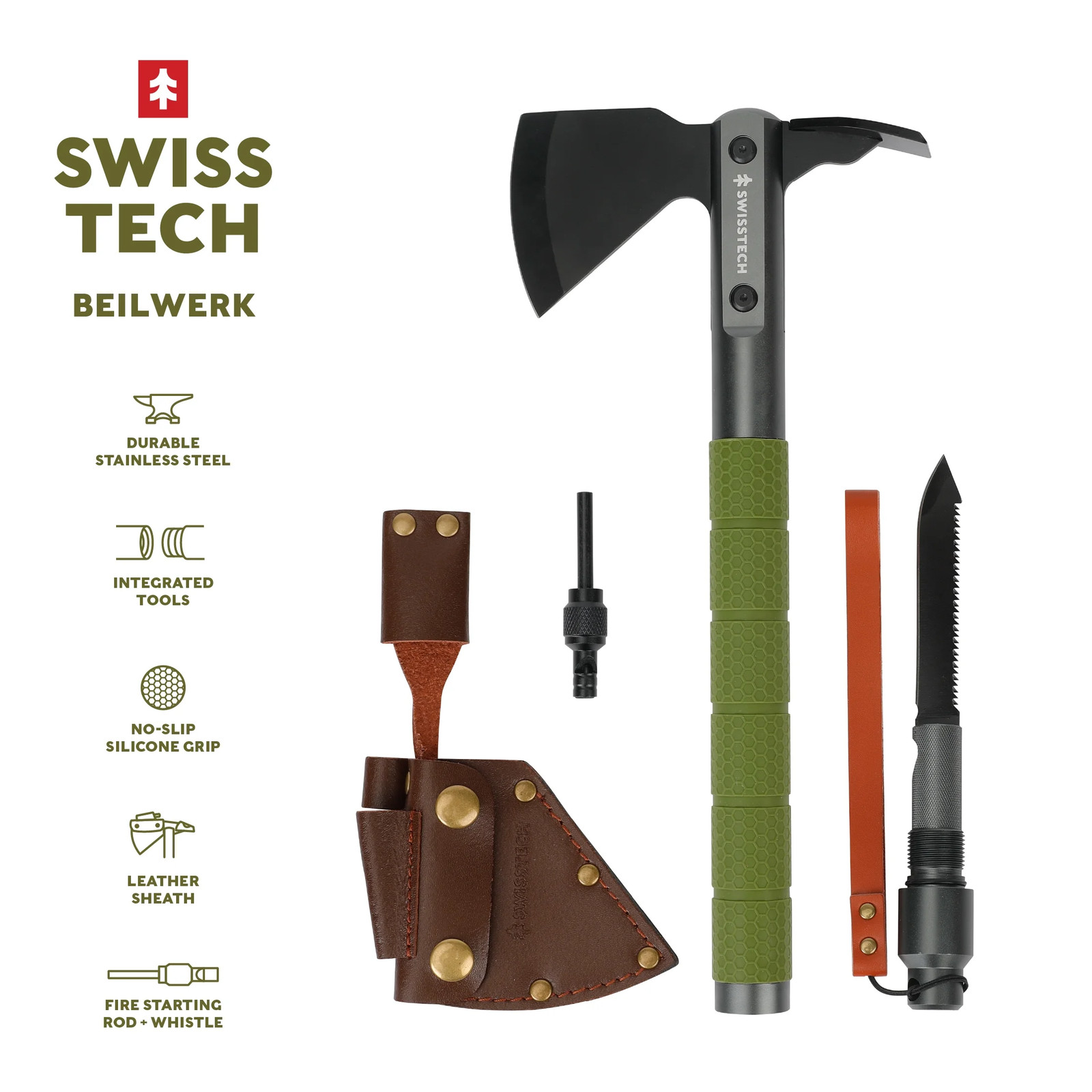 Swiss Tech Multi Tool Hatchet Pocket Knife with No Slip Grip Green