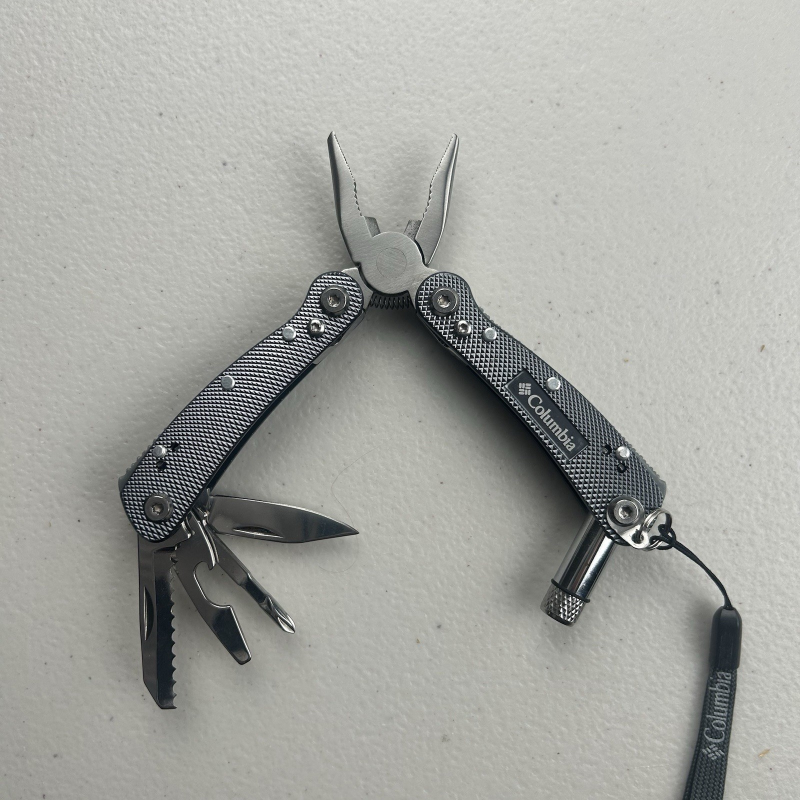 Colombia Pocket Pliers Keychain Bottle Opener Outdoor Camp Tool Flashlight Gray