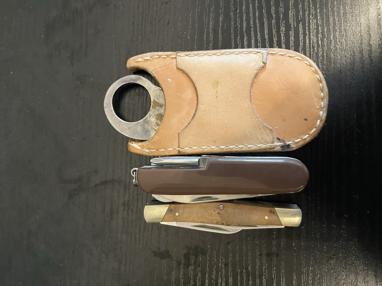 Buck Multi-Tool Pocket Knife Wood Metal Brown Silver with Leather Sheath