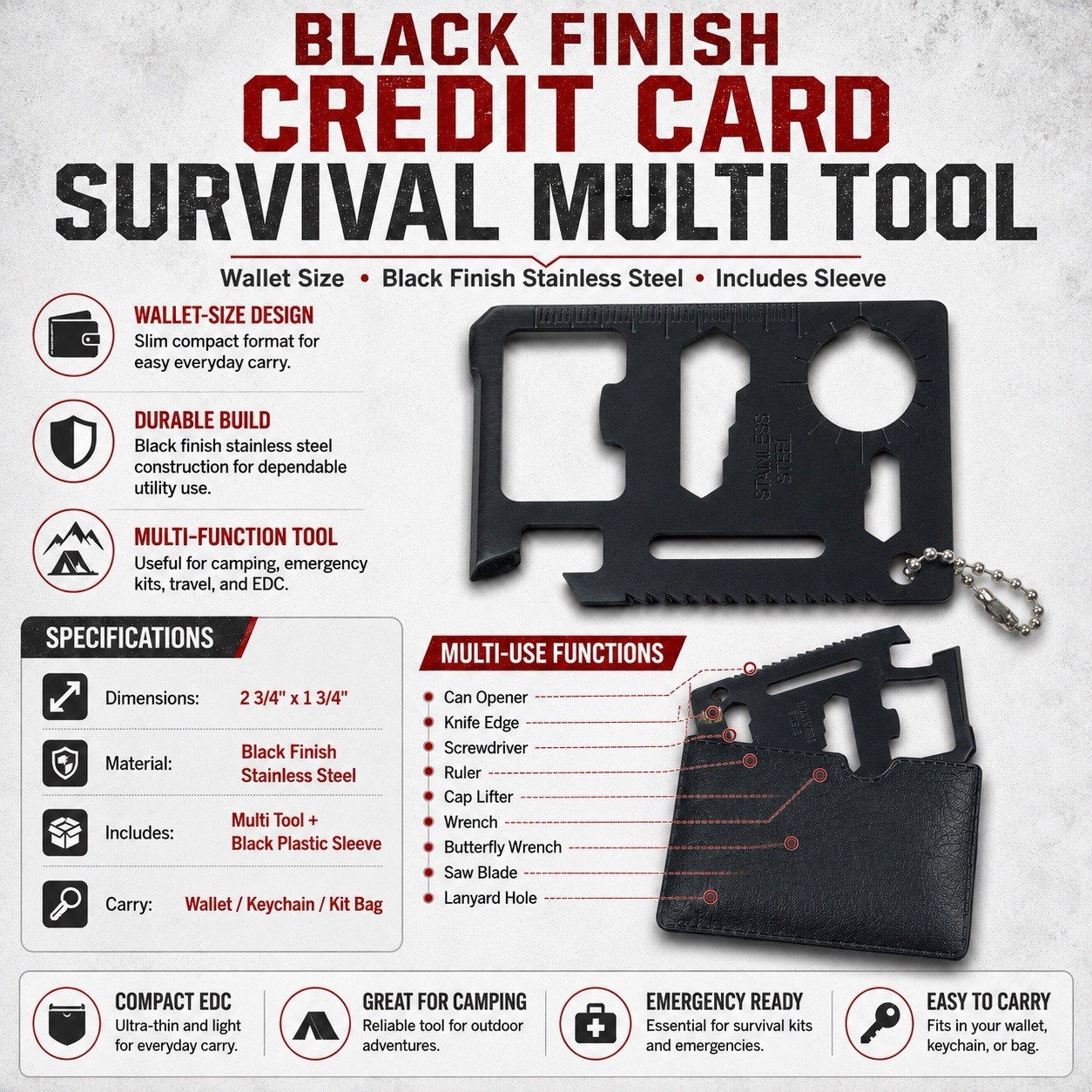 Lot 5 Black Credit Card Survival MultiTool Stainless Steel Wallet Tool W/ Sleeve