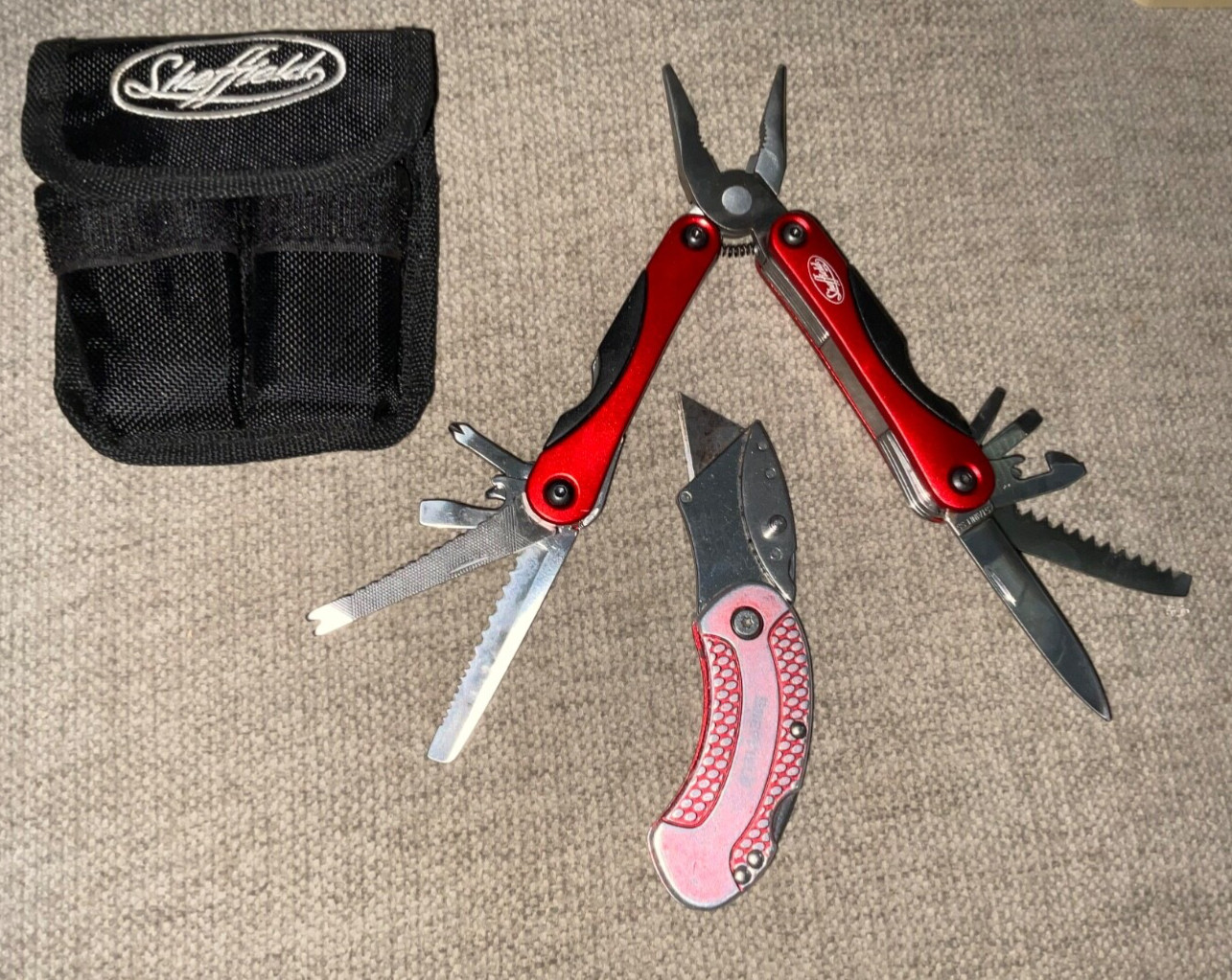 Sheffield Multi-Tool Stainless Pliers + Box Cutter & Utility Pouch See Pics