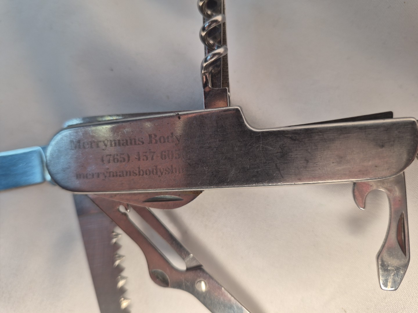 10 MULTI TOOL Silver VTG MERRYMANS Pocket Advertising Knife Army Camp Survival
