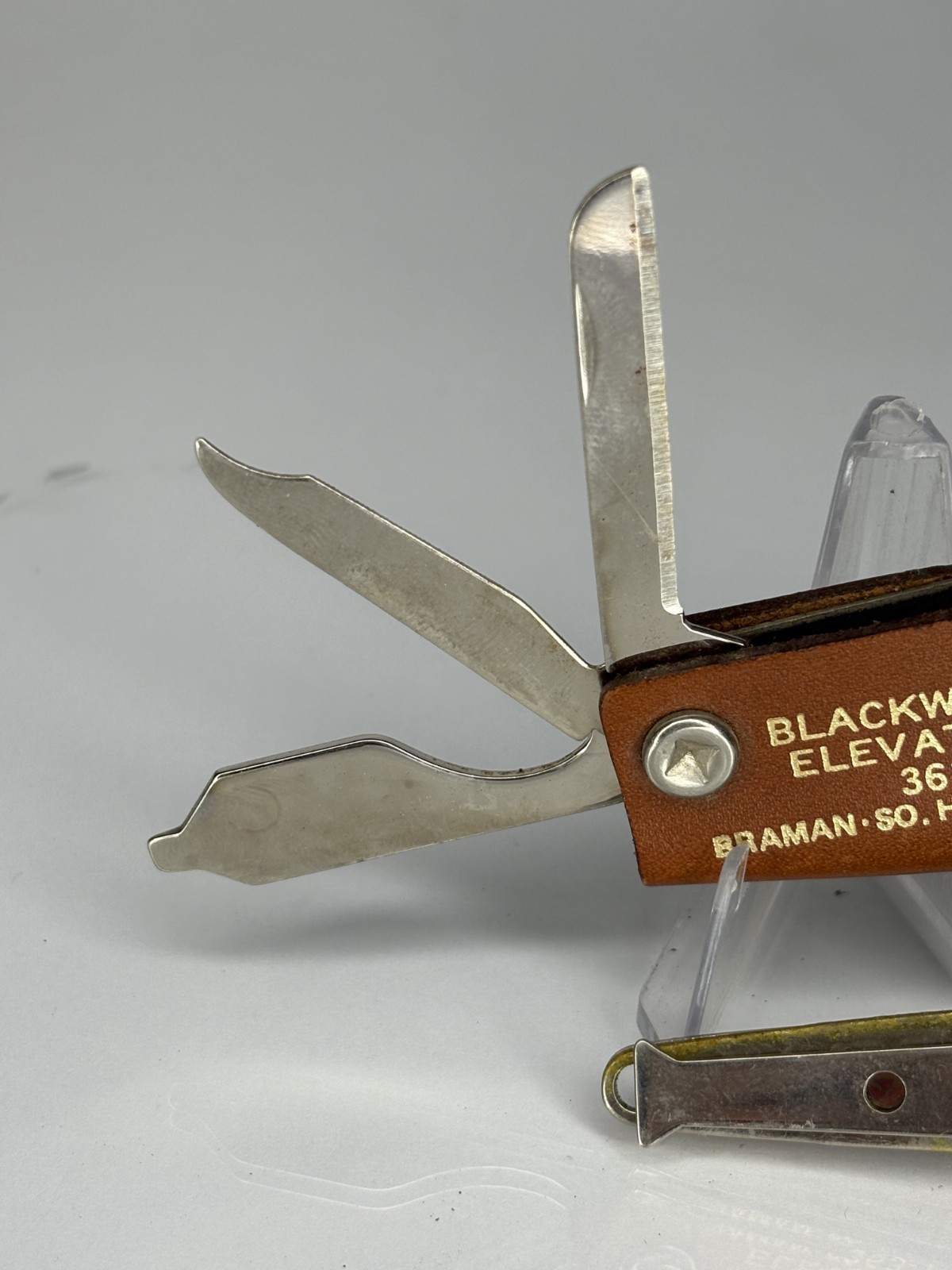 VTG LEATHER WRAPPED POCKET KNIFE MULTI-TOOL BLADES KEYCHAIN – Advertising
