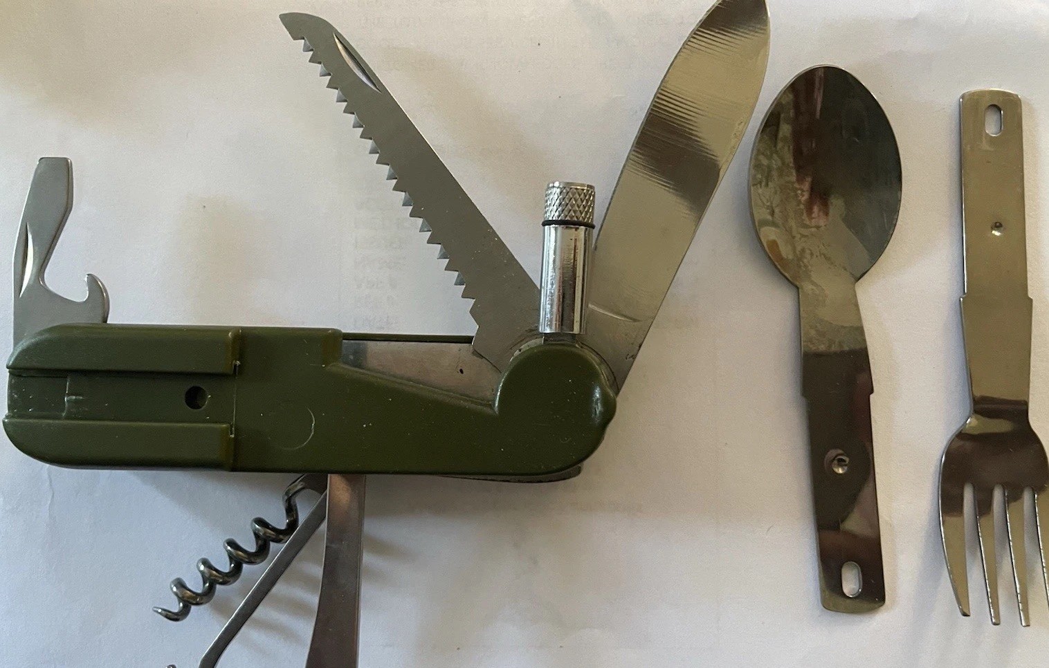 Utensil Knife , Multi Tool . Spoon Fork Flashlight Sheath Great For Camping