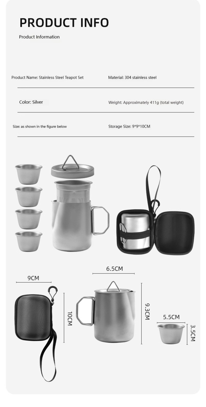 Outdoor 304 stainless steel tea set, portable tea brewing set for travel