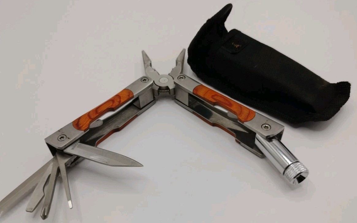 Wood Handle Multi Tool Pliers Knife Screwdrivers LED Flashlight + Sheath
