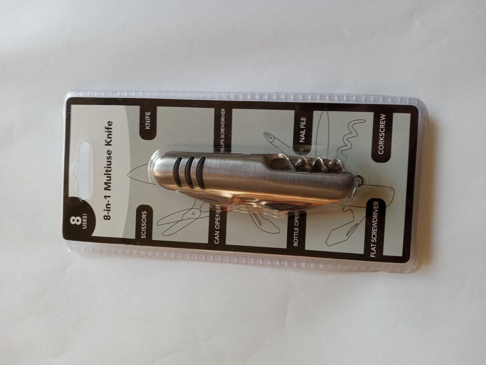 New in Box 8-in-1 Multiuse Pocket Knife – Silver/Grey!