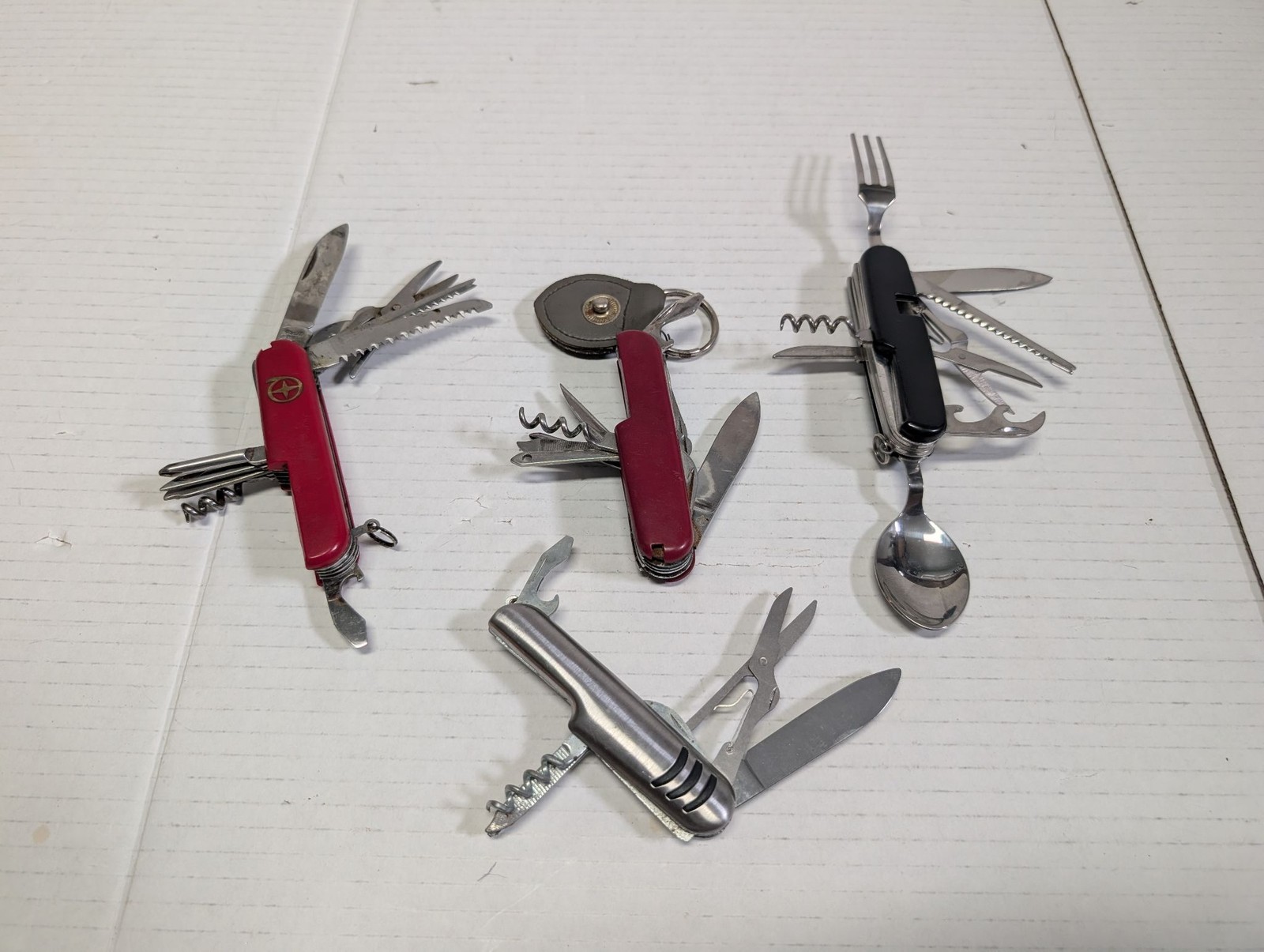 Multi Tool Pocket Knife Set 4pc Red Silver Black Camping Fork Spoon Corkscrew