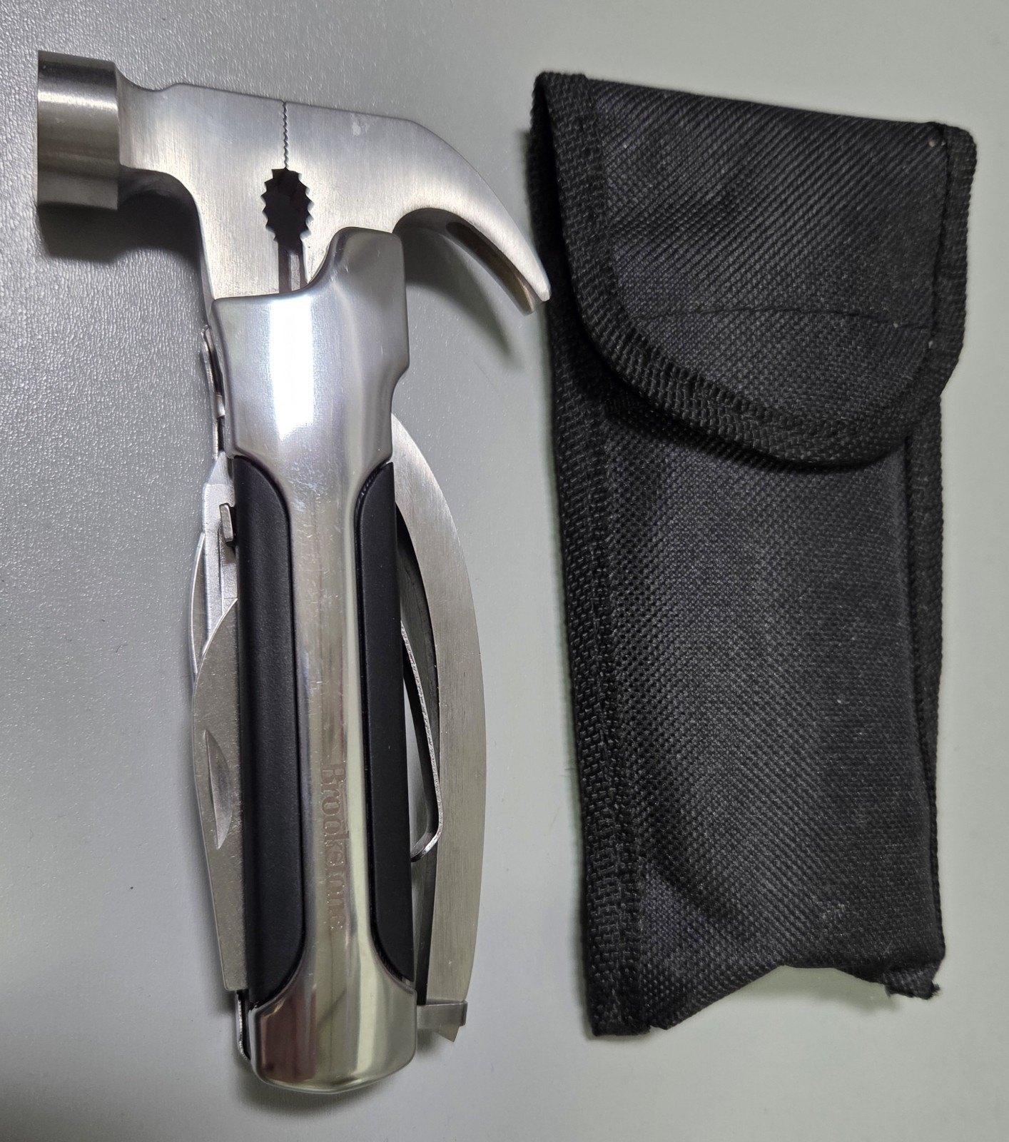 Brookstone 10-in-1 hammer multitool, high strength stainless steel, nylon pouch