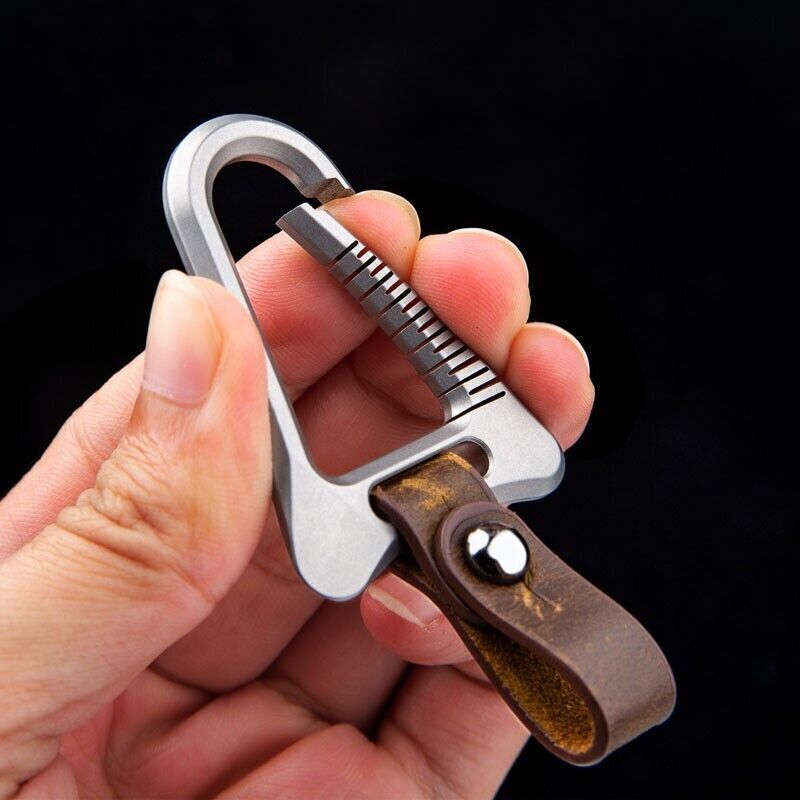 Titanium Alloy + Leather Keychain Carabiner Removable Key Bag Pendant EDC Tool