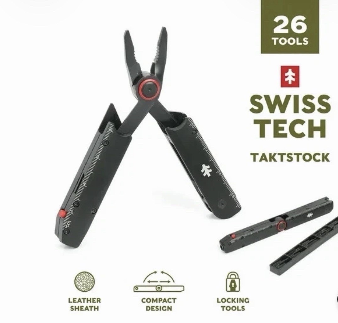 🔪 NEW SwissTech TAKTSTOCK 26-in-1 Multi-Tool AUS-8 Steel Blade Leather Sheath