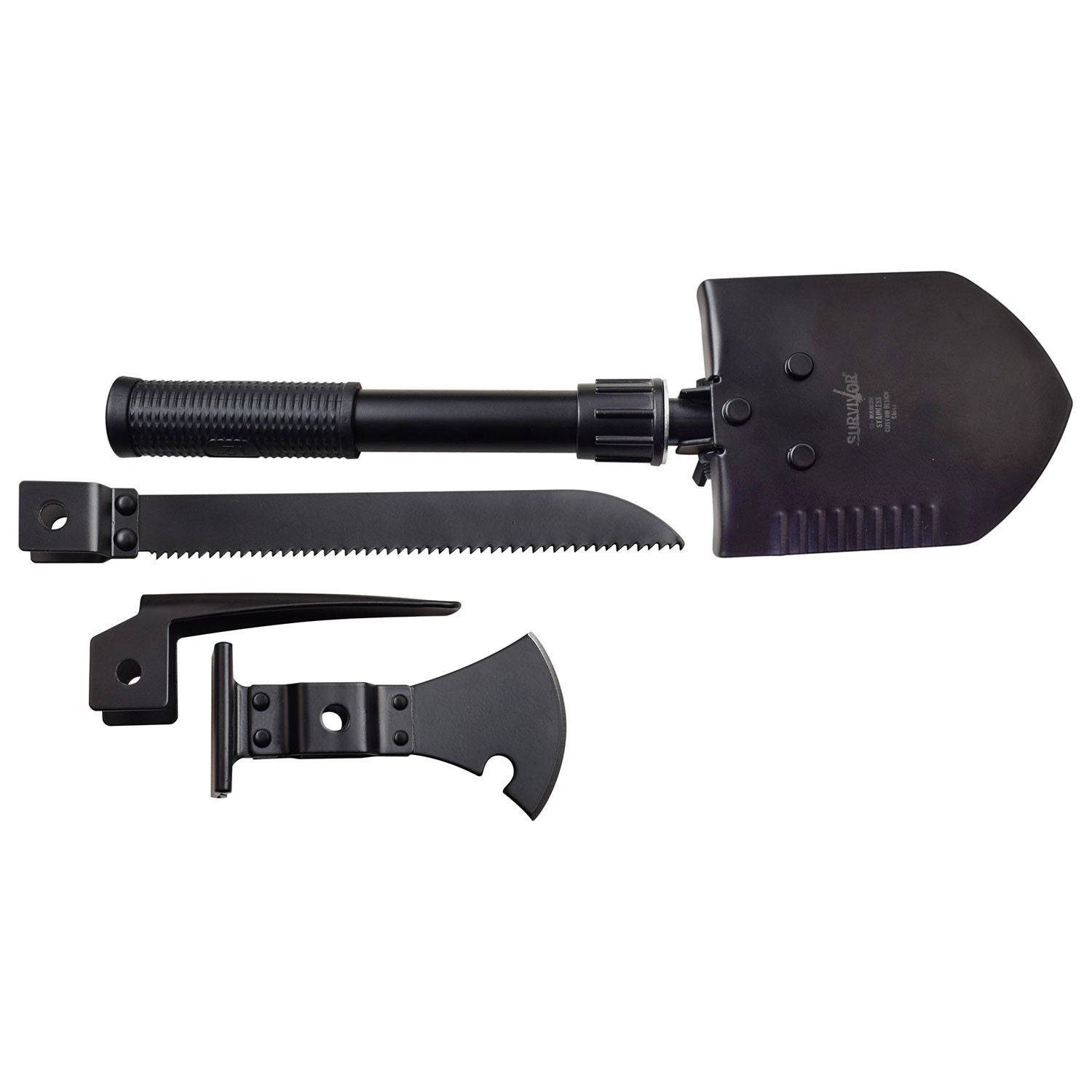 13.50″ Survivor 5-in-1 Multi-Purpose Tool w/Saw, Shovel, Spear, Axe, & Hammer