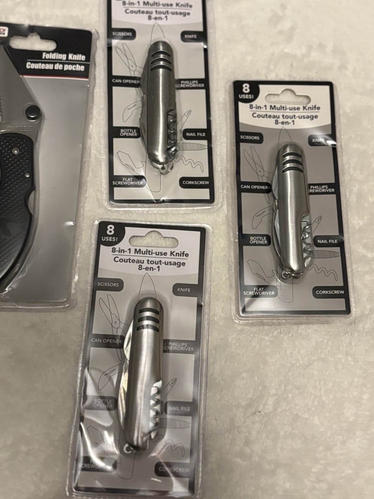 8-in-1 Stainless Steel Folding Multi-Tool Knife plus Knife. Lot of 7