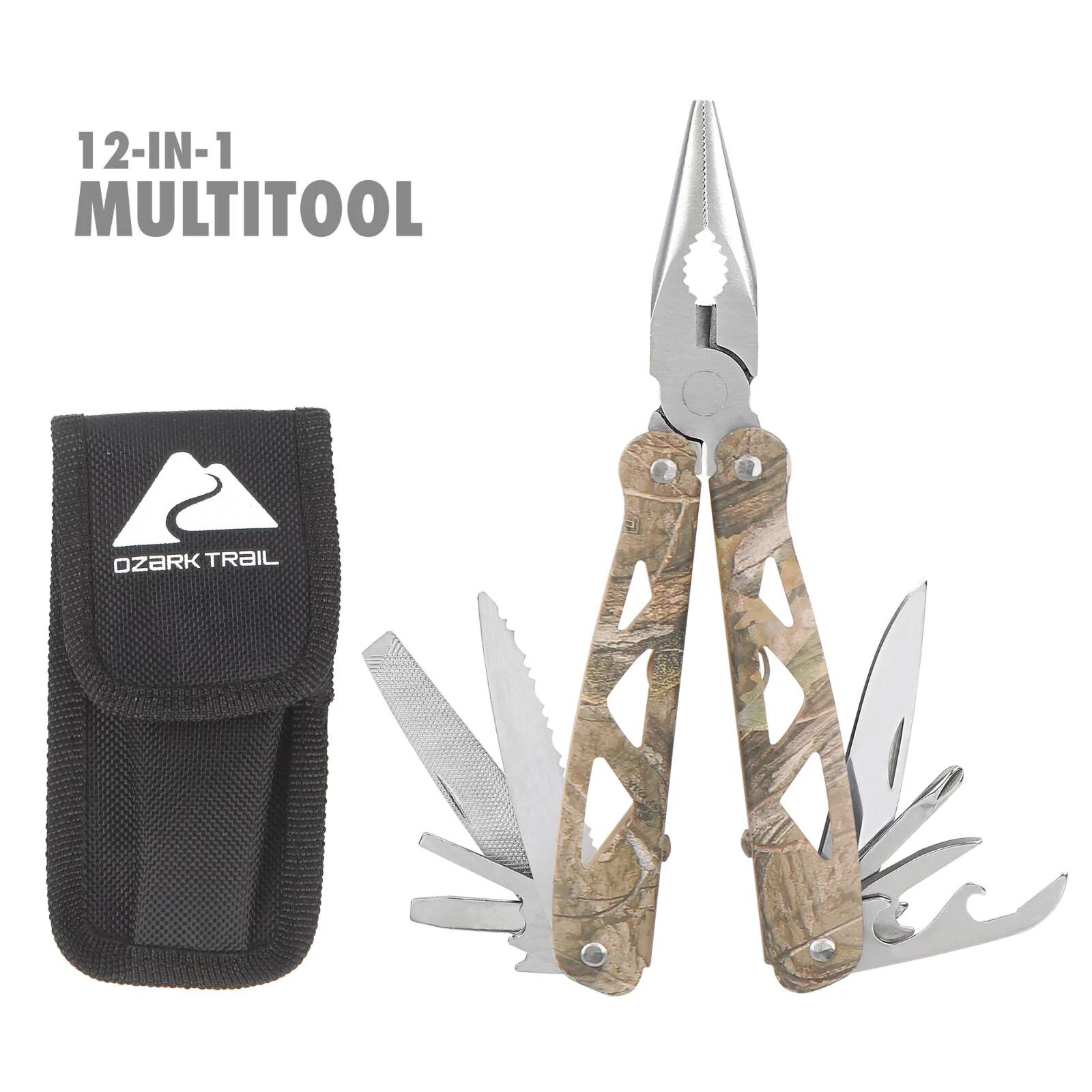 Ozark Trail 12 In 1 Multi-tool Camo Stainless Steel W Sheath Pliers Wire Cut