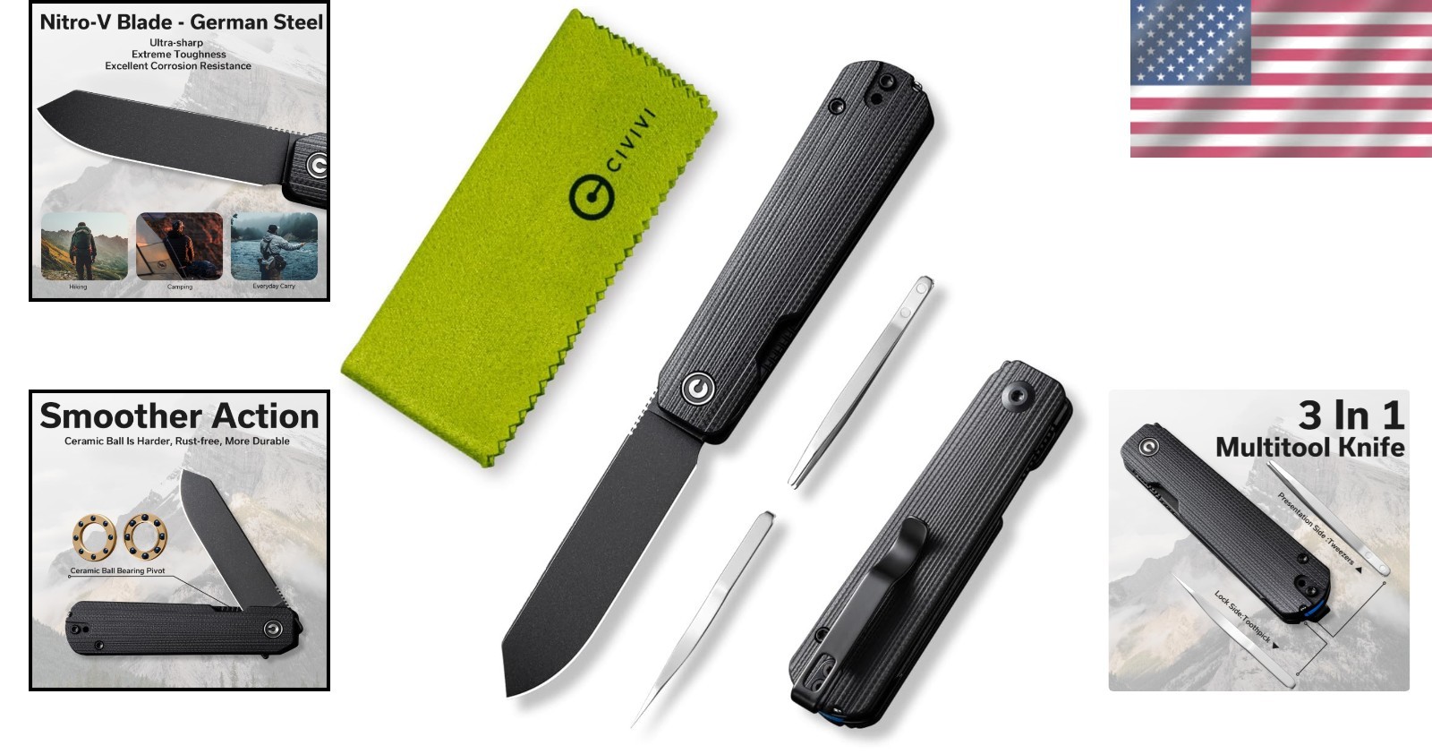 Sendy Folding Knife 3-in-1 Multitool, Nitro-V Blade, Ambidextrous, Men Gift