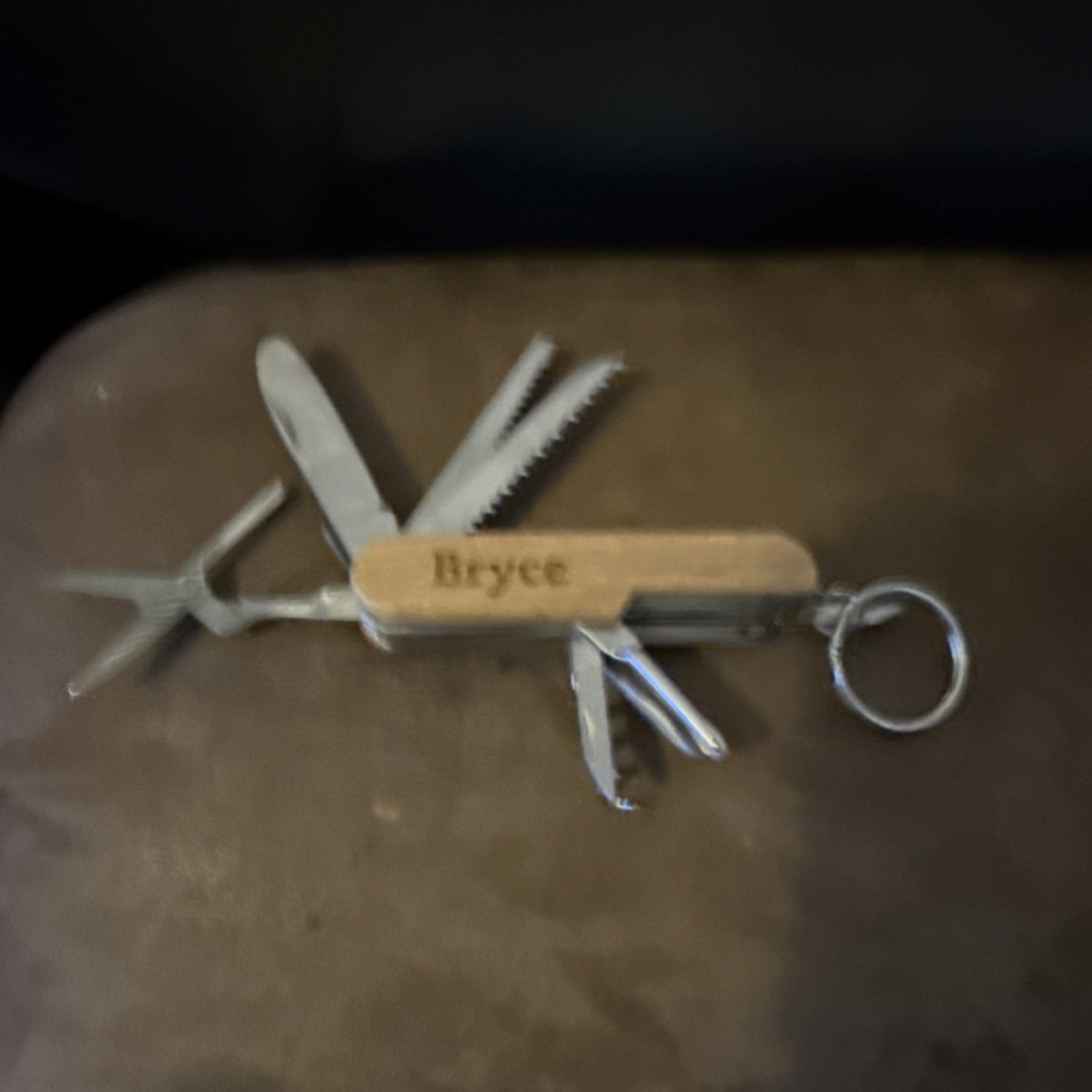 Wood Handle Multi-Tool Key Ring Knife, Scissors, Saw, Corkscrew, Bottle Opener