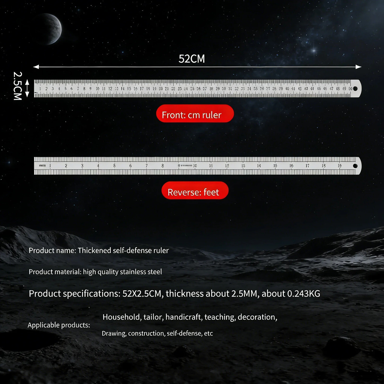 2.5Mm Forged Longquan Steel Ruler – 50Cm Multi-Purpose Car Tool with Thickened D