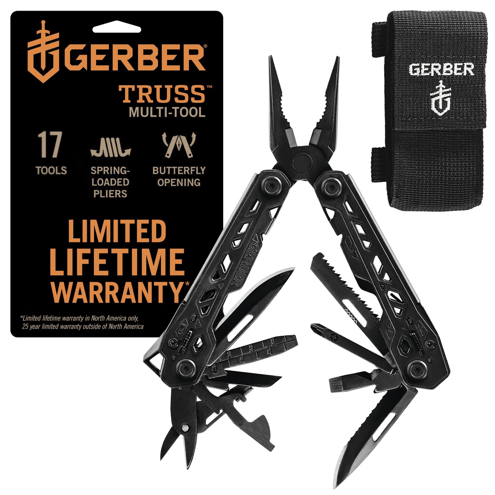 Multitool 17-in-1 Needle Nose Pliers Pocket Knife Black Gerber Gear Truss Gifts