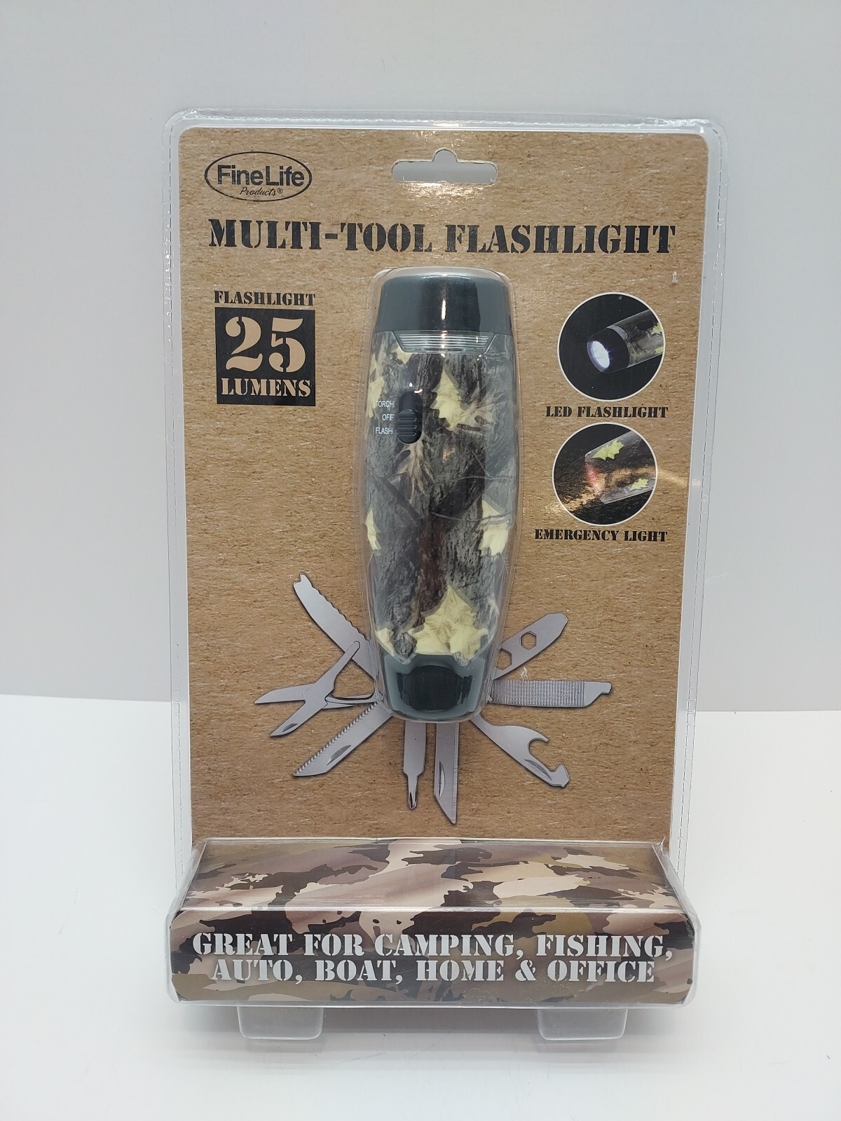 Fine Life Multi Tool Flashlight 25 Lumens Camo LED 13 Tools – Camping / Home Use