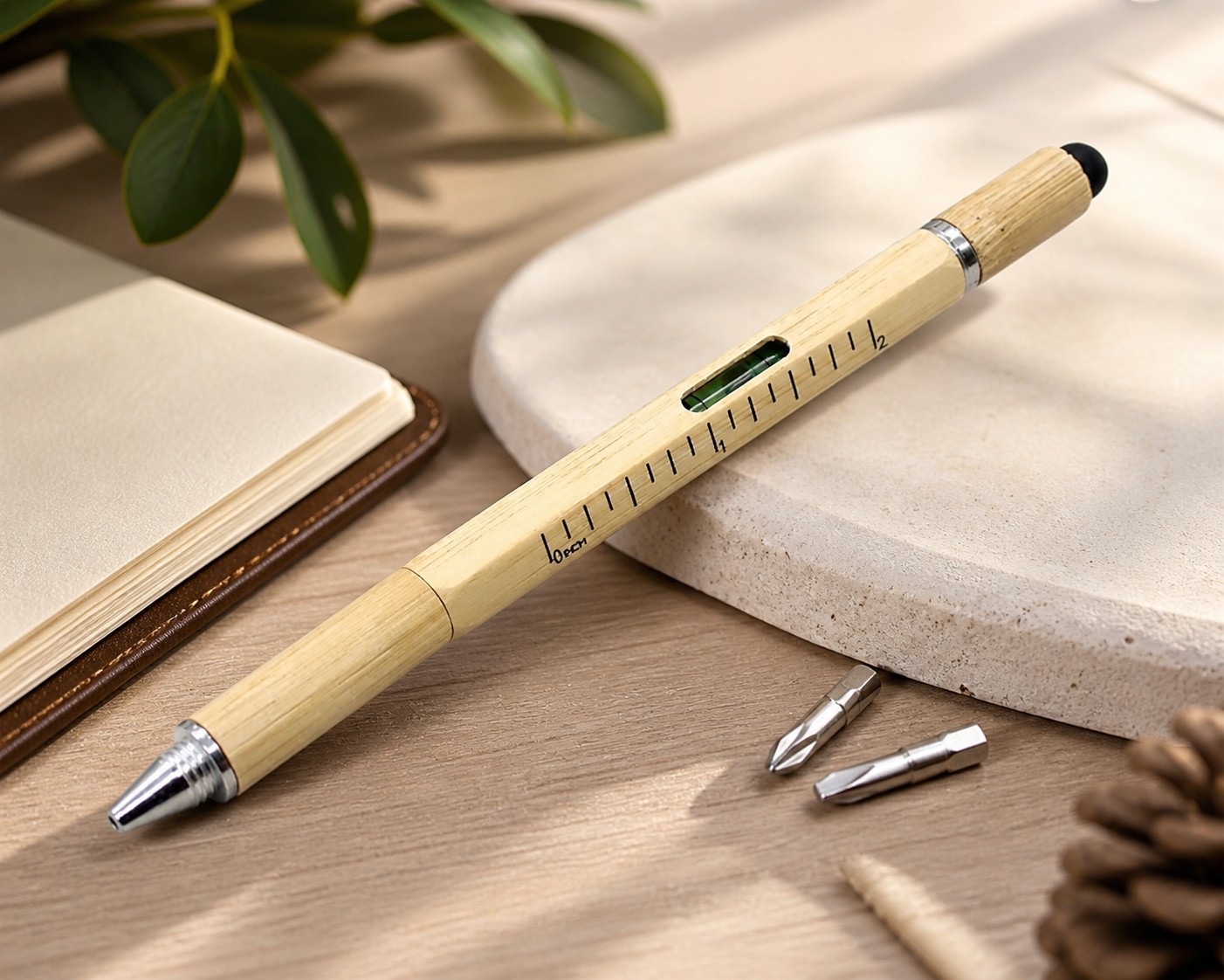 6 in 1 Multitool Pen Bamboo Ballpoint Screwdriver Ruler Level Stylus Tool…