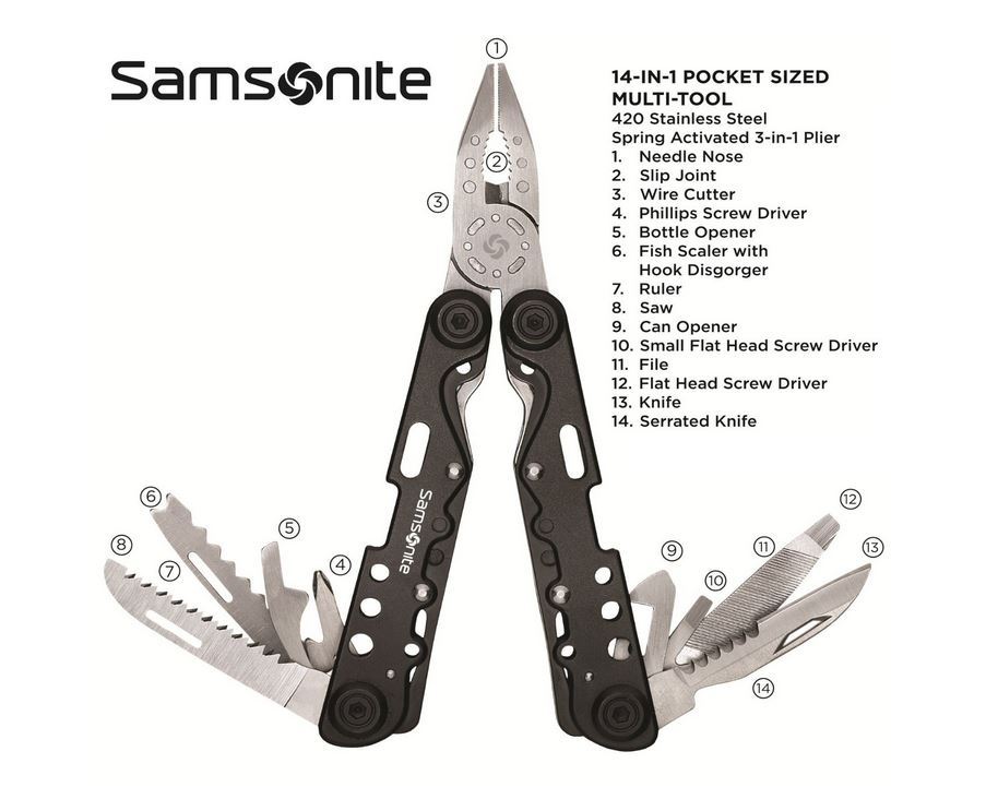 New! Samsonite Premium Travel Deluxe 14-in-1 Stainless Steel Multi Tool in Black
