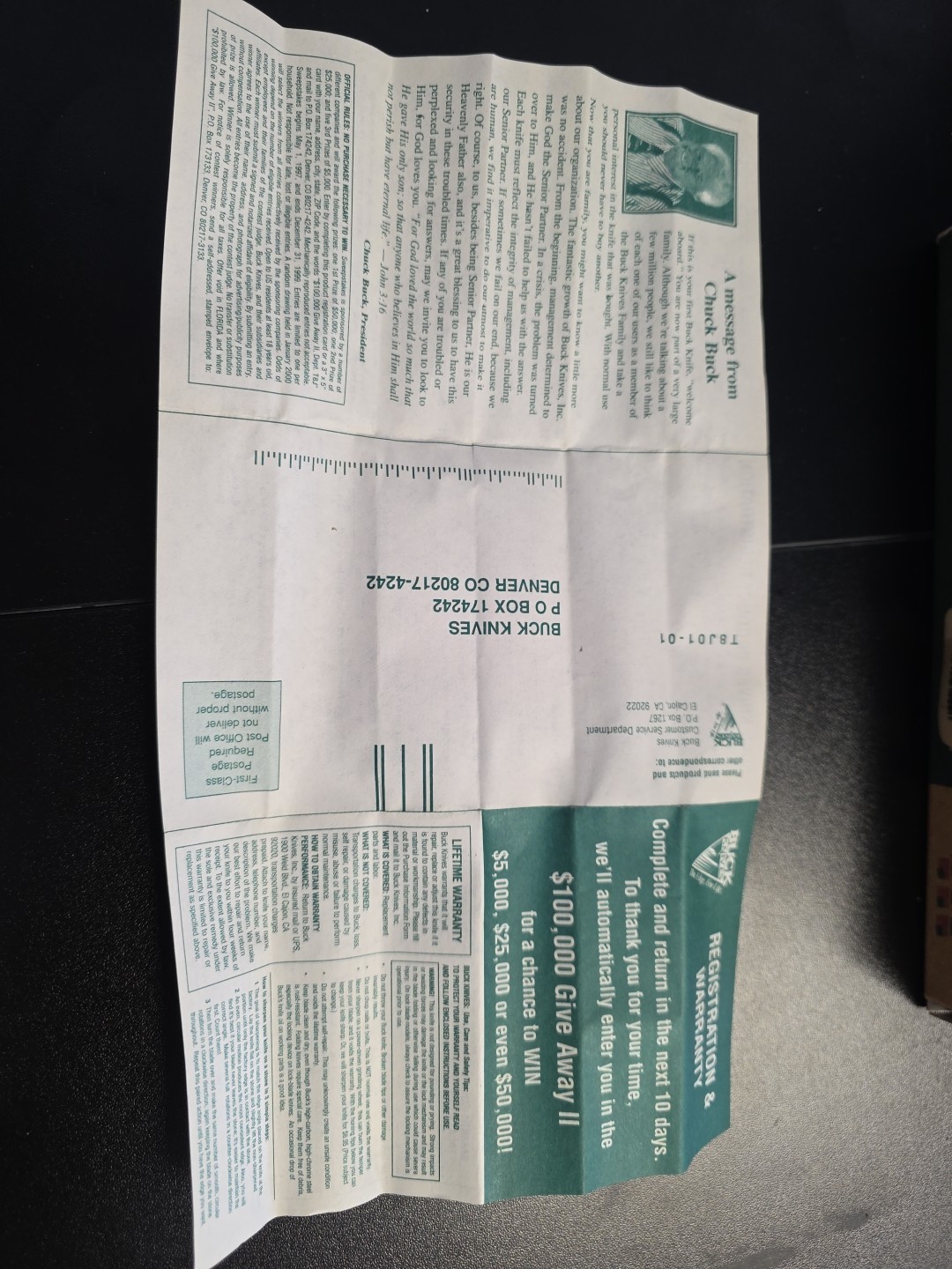 BUCK USA 355 BOX ONLY AND PAPERWORK, 1997 On Box, 1998 On Paperwork BuckTool