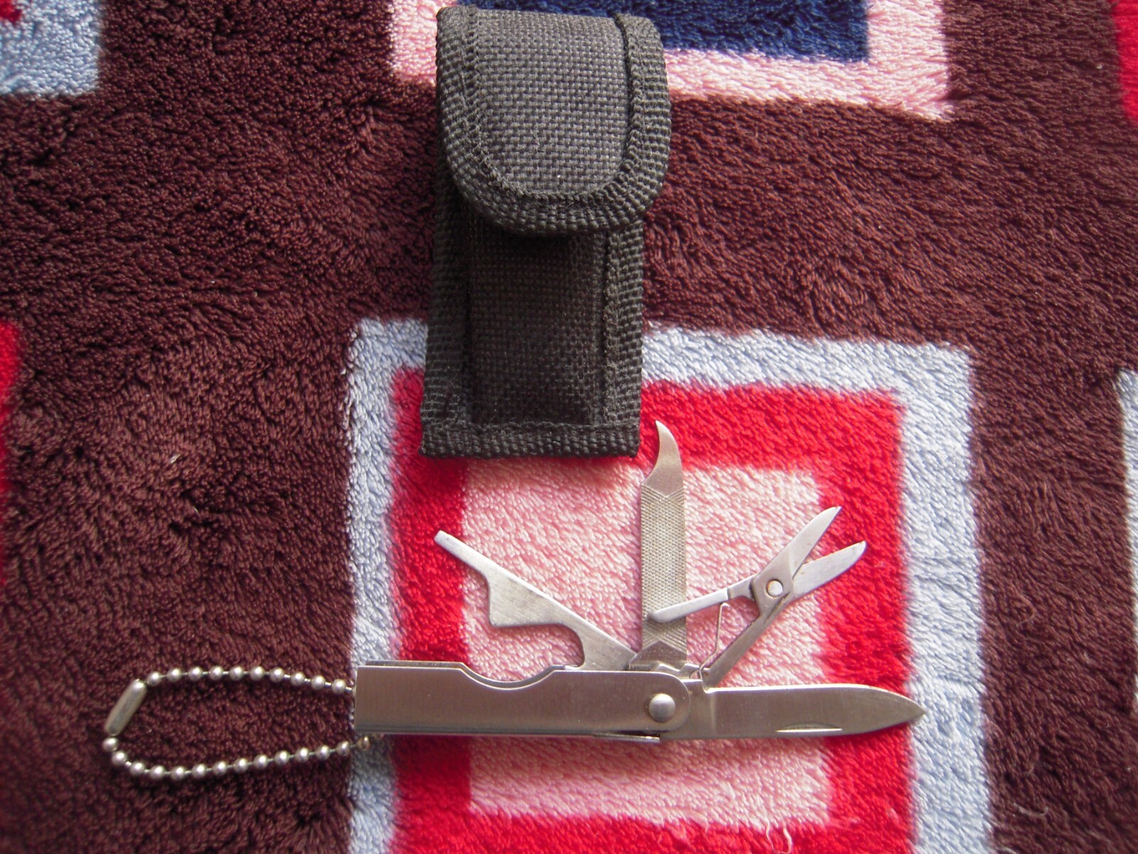 NOS STAINLESS STEEL 4 IN 1 MULTITOOL & KEYCHAIN W 1.5″ KNIFE BLADE & SHEATH