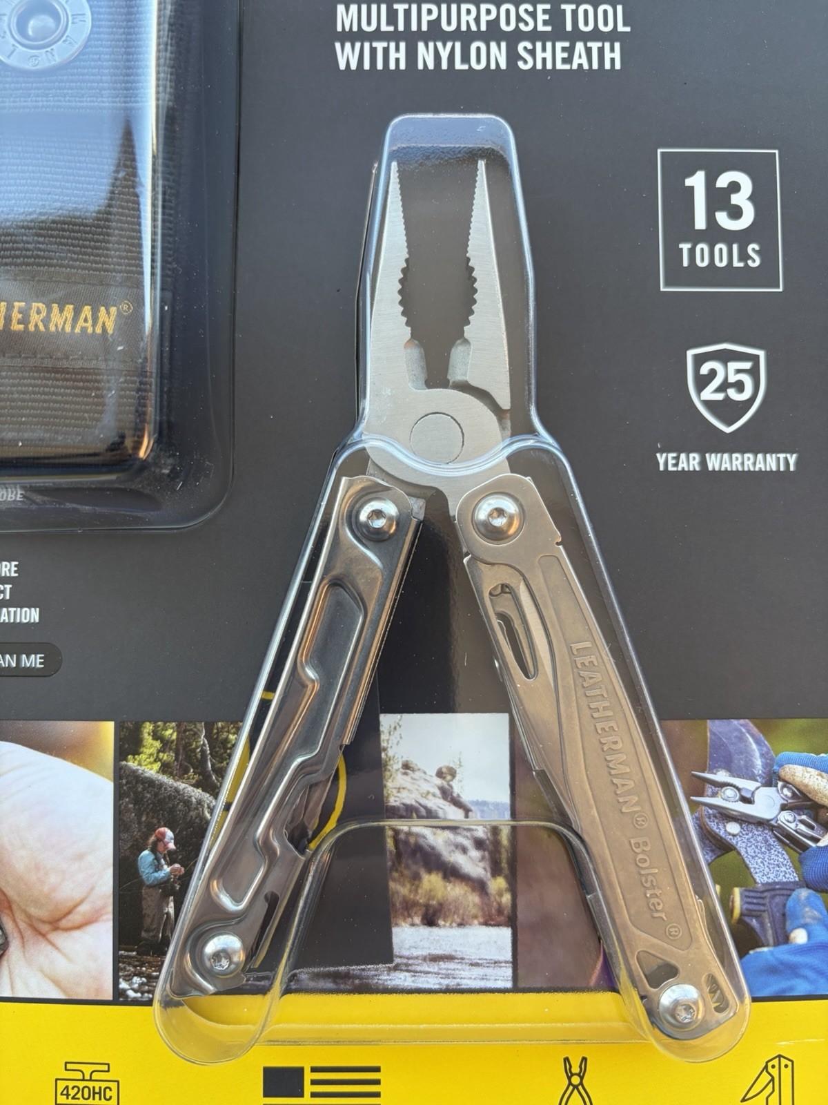 LEATHERMAN BOLSTER MULTIPURPOSE TOOL W/NYLON SHEATH, STAINLESS, 13 TOOLS, NEW