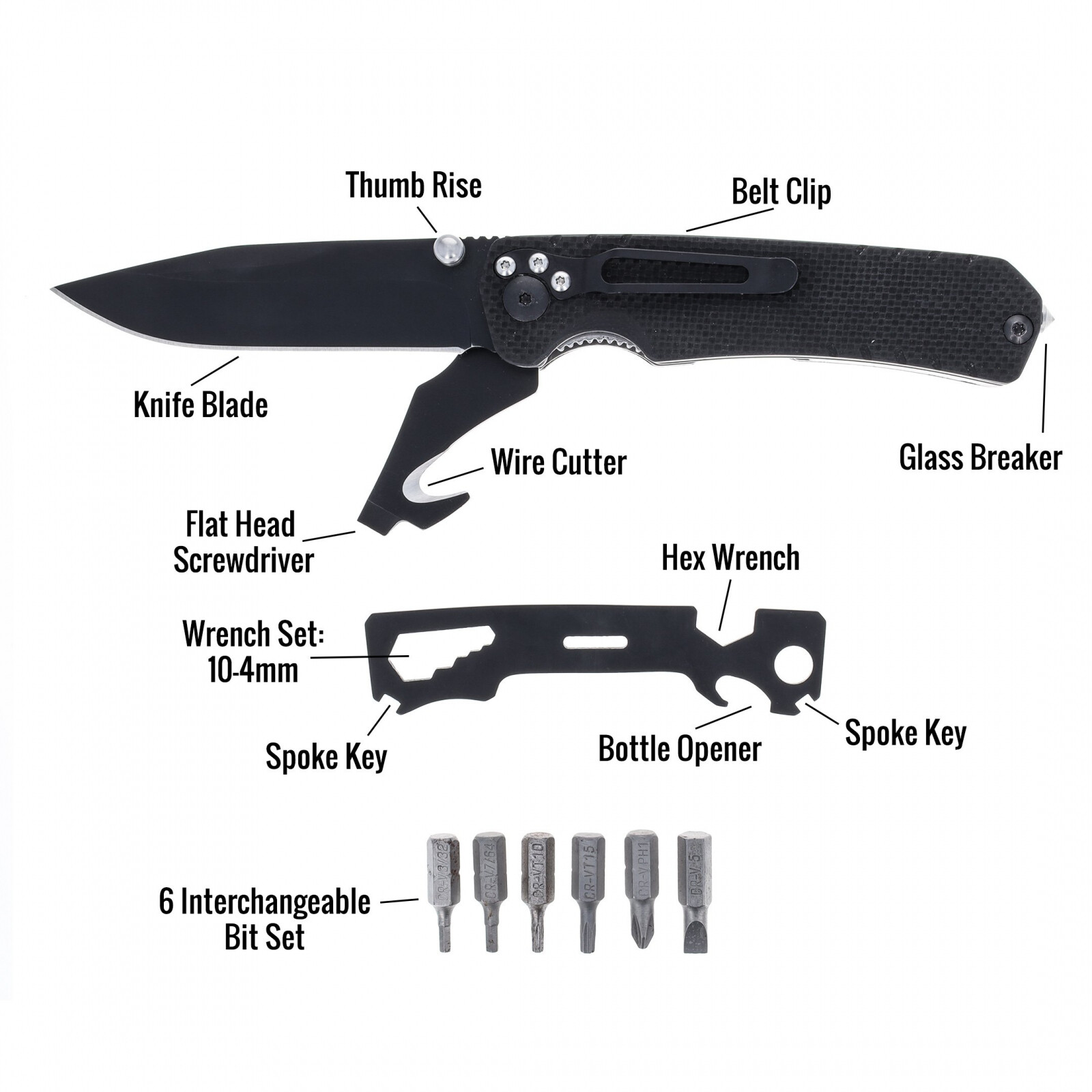 ASR Outdoor 9 in 1 Multitool Folding Pocket Knife with G10 Handle, Black