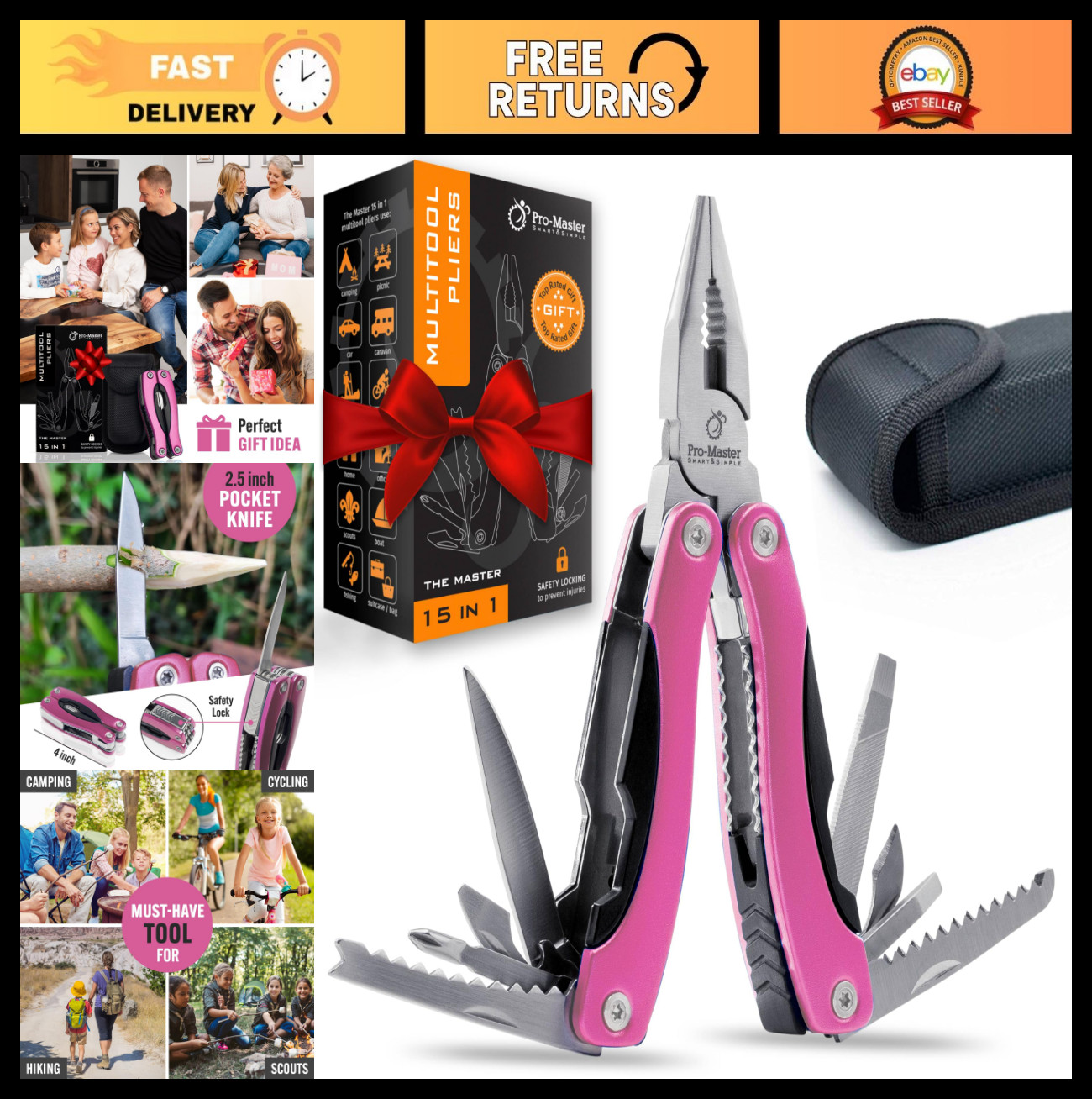 15-in-1 Pink Multitool EDC, Pocket Knife & Pliers for Women – Great for Camping,