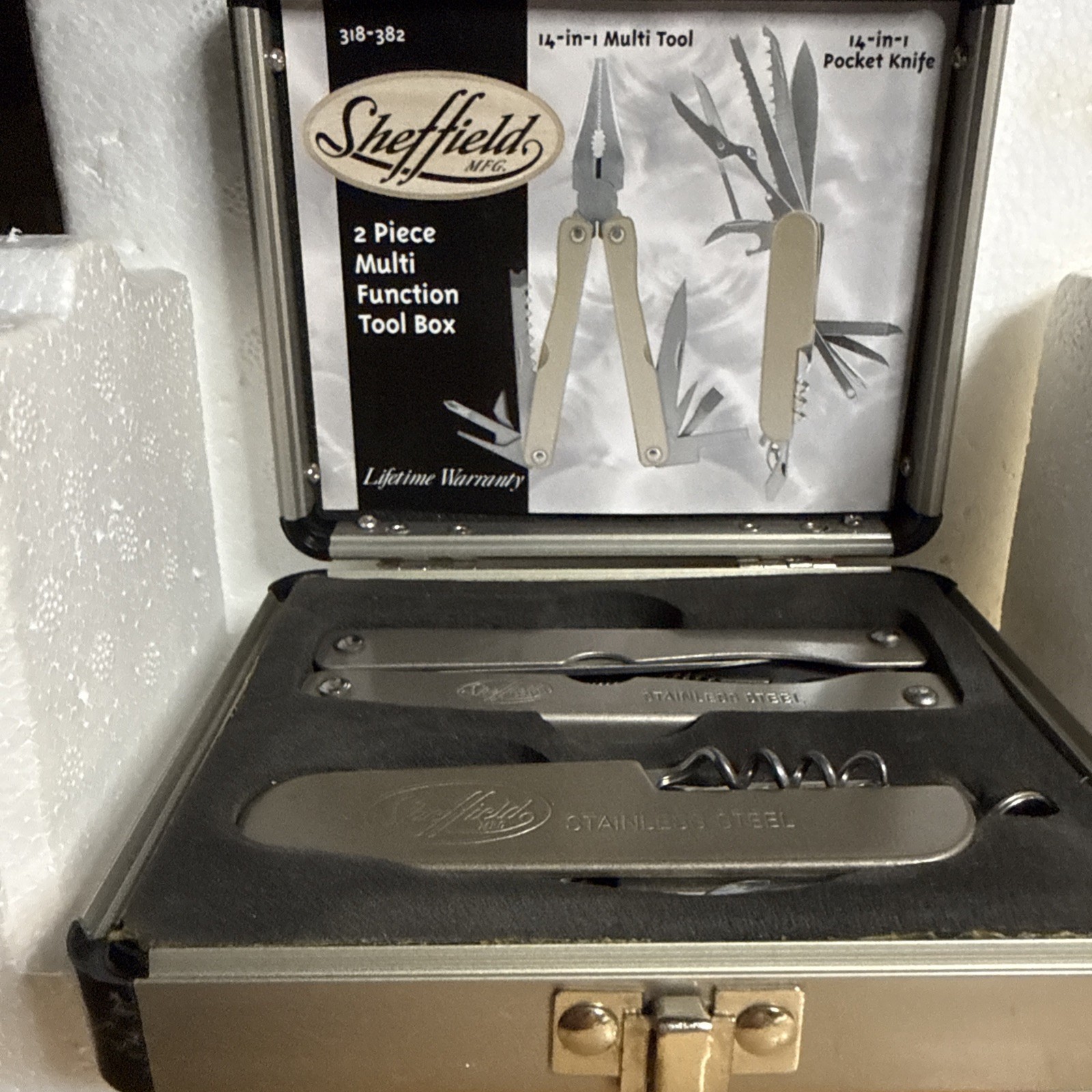 NEW! SHEFFIELD 2 PIECE MULTI FUNCTION TOOL BOX 318-382 POCKET KNIFE TOOL OPEN