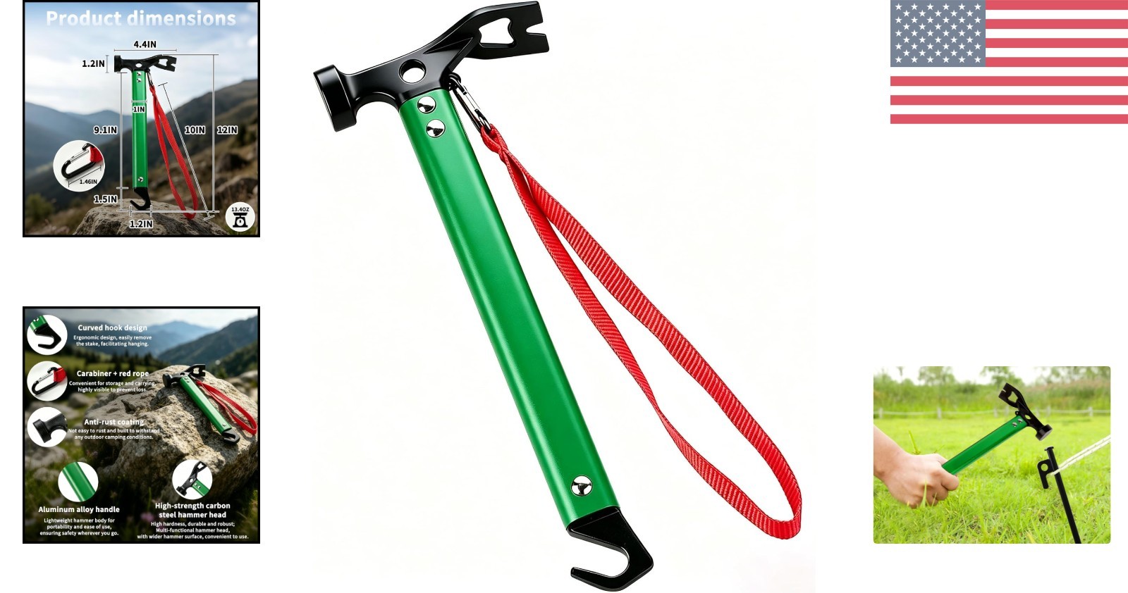 Three-in-One Tent Stake Hammer – Ergonomic Carbon Steel Design, 12″ Green