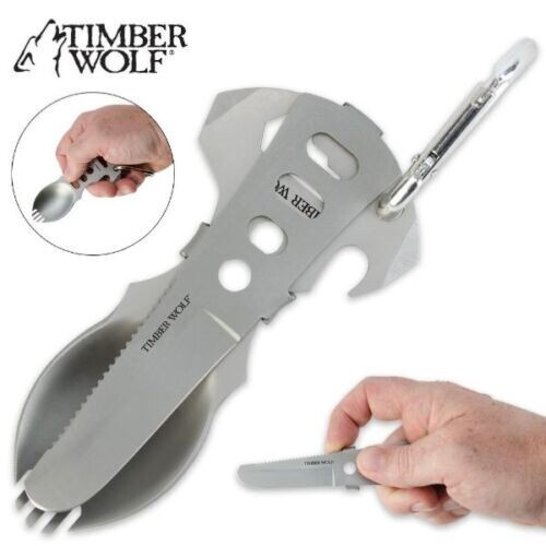 Timber Wolf Camp Tool with Carabiner (TW452) Matte Silver Stainless. Ships Free.