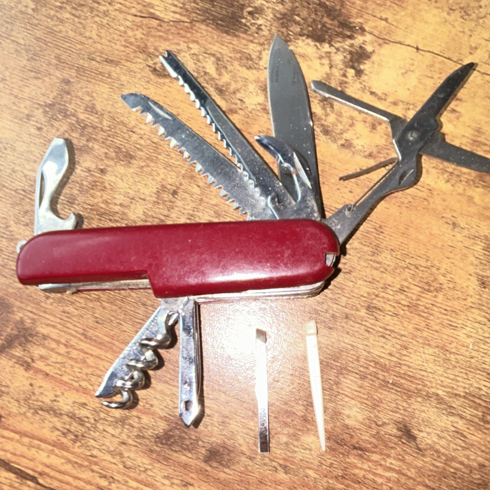 Red Multi-Tool Pocket Knife Scissors Saw Corkscrew Can Opener, SS, Lanyard Ring
