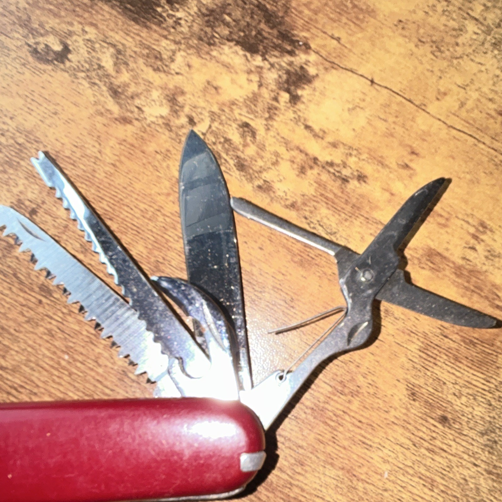 Red Multi-Tool Pocket Knife Scissors Saw Corkscrew Can Opener, SS, Lanyard Ring