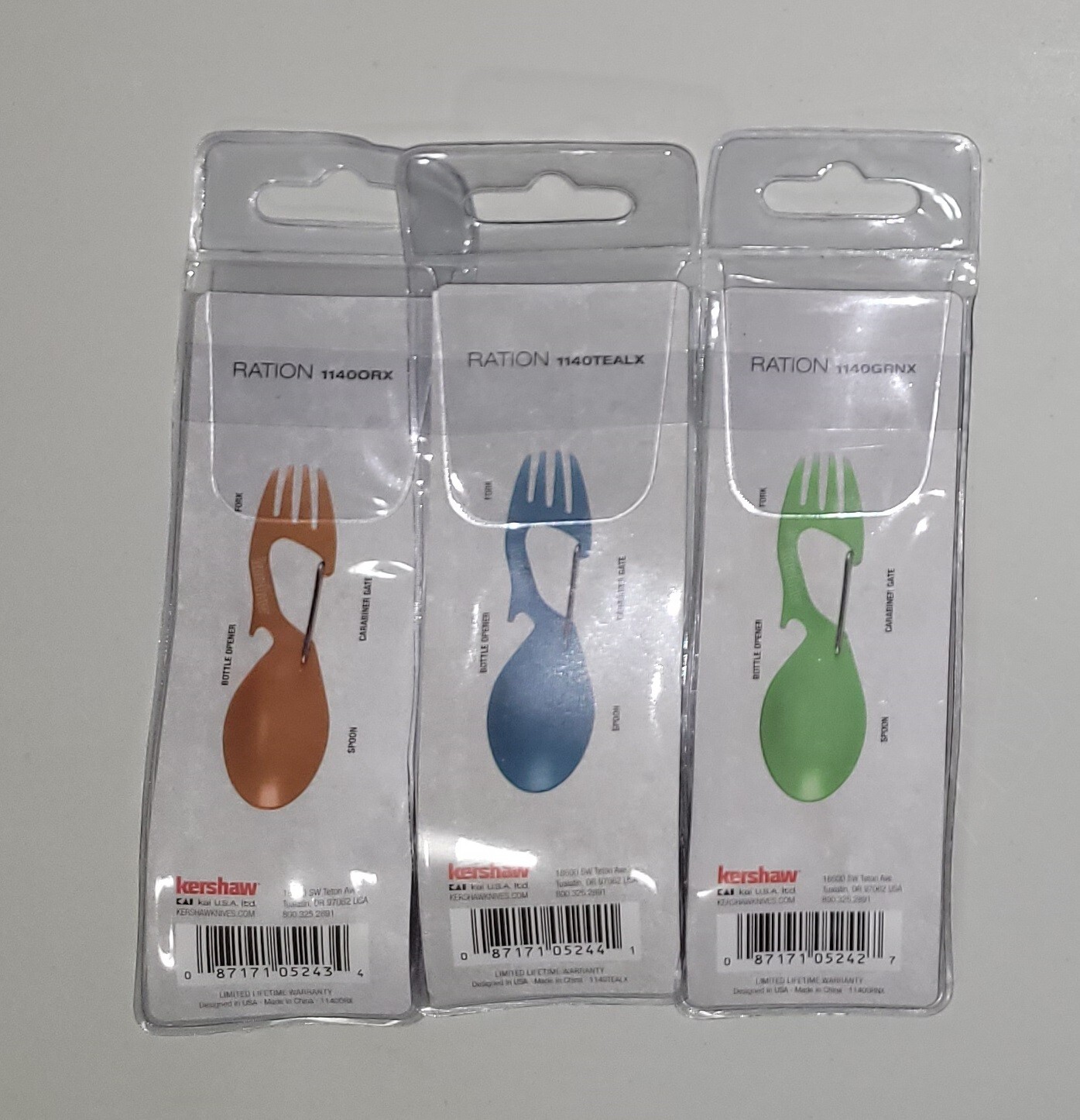 3 Kershaw Ration Multi Tool Spork Spoon Fork Carabiner & Bottle Open 1140