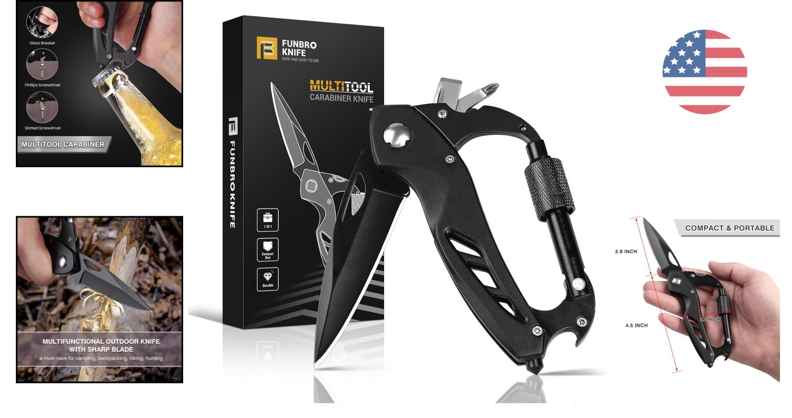 Elegant Black Multitool Carabiner with Knife – Ideal Stocking Stuffer for Men