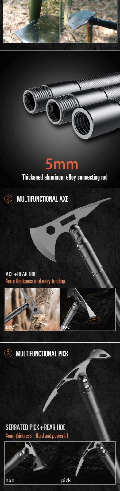 Multifunction Tool with Shovel, Axe, Pick, Hoe, and other tools in a hard case