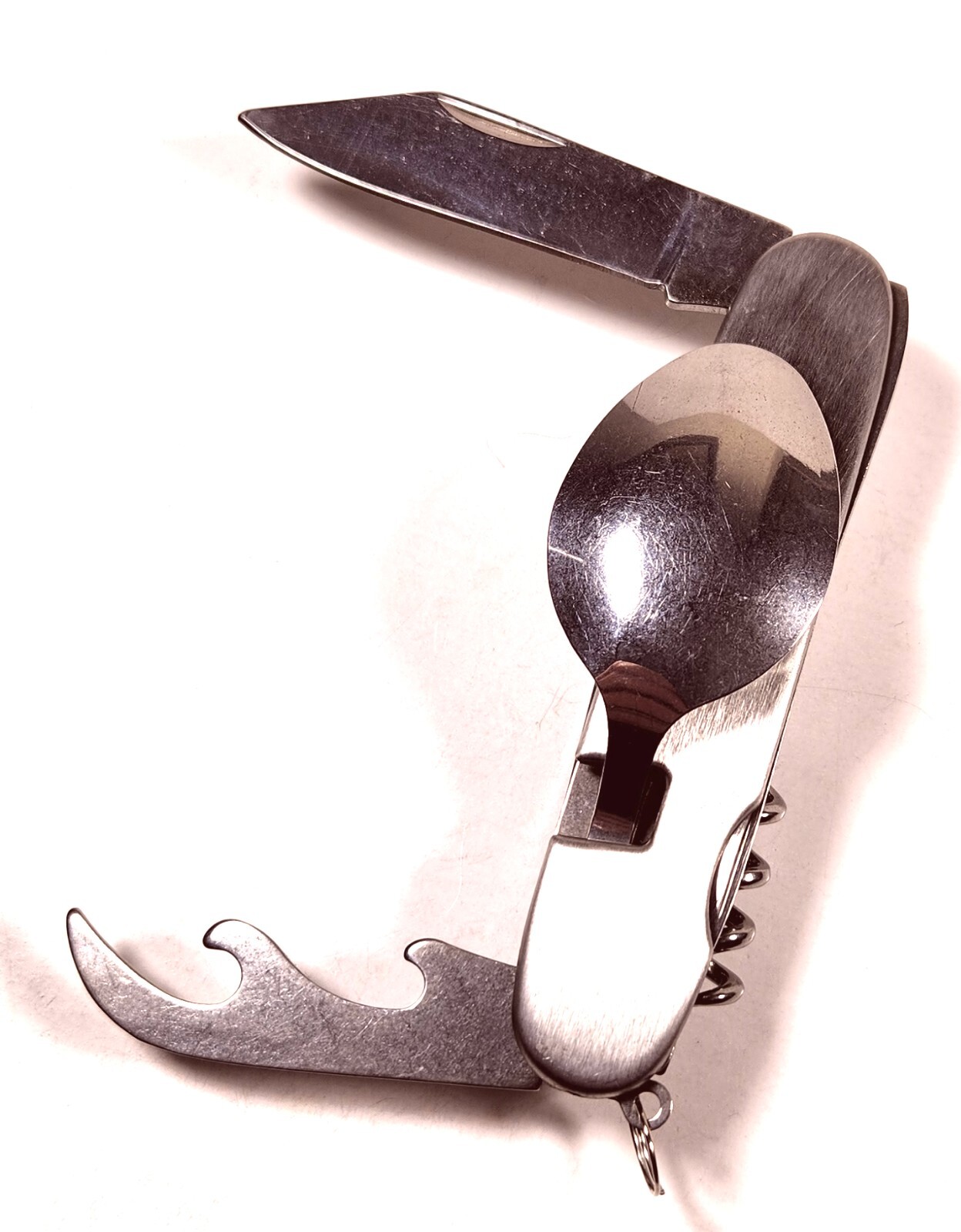 Hobo Camping Pocket Knife Fork & Spoon Can & Bottle Opener Cork Screw Utensil