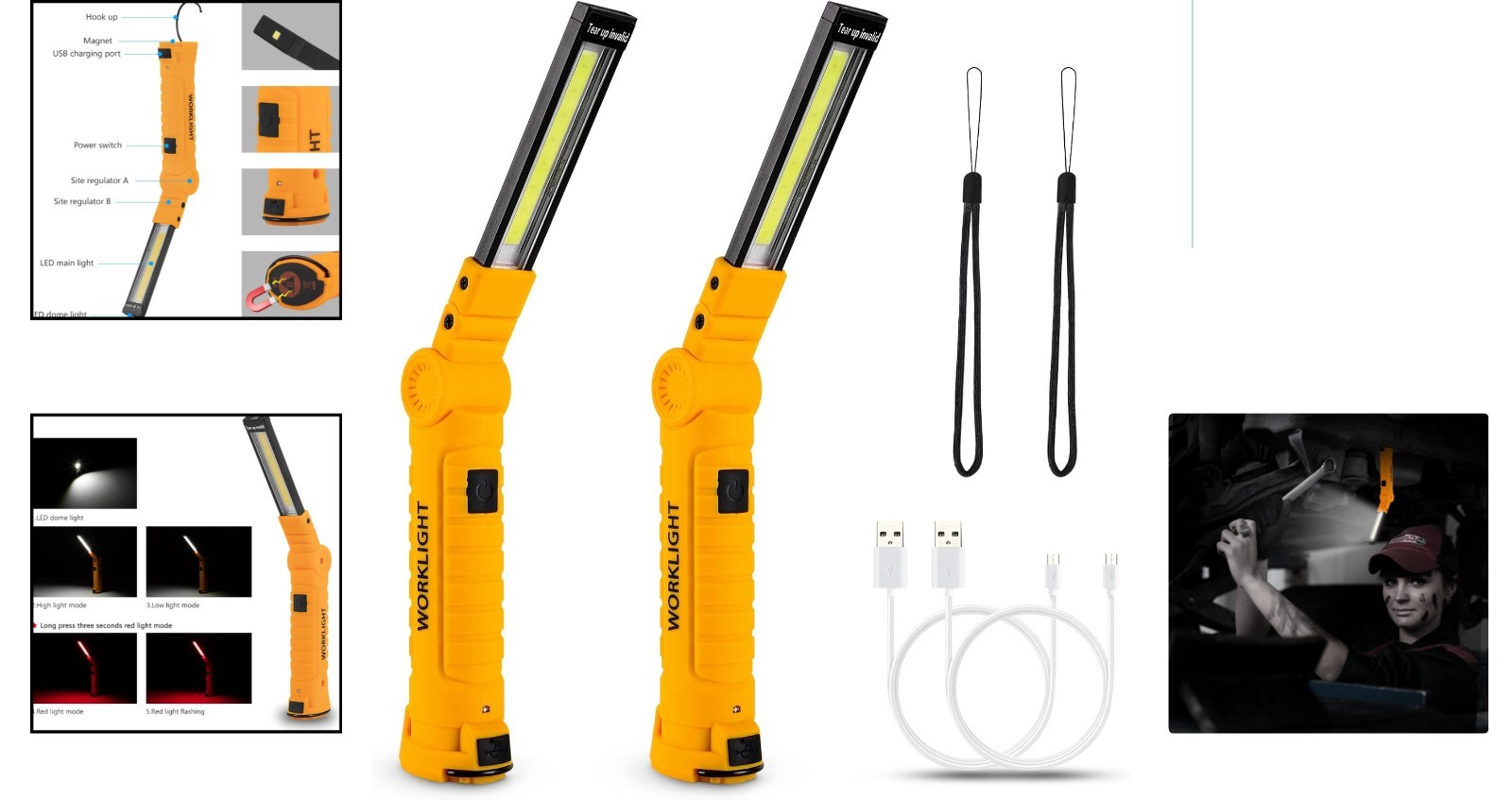 360° Rotating LED Work Light Pair – USB Rechargeable & Ideal for Car Repairs
