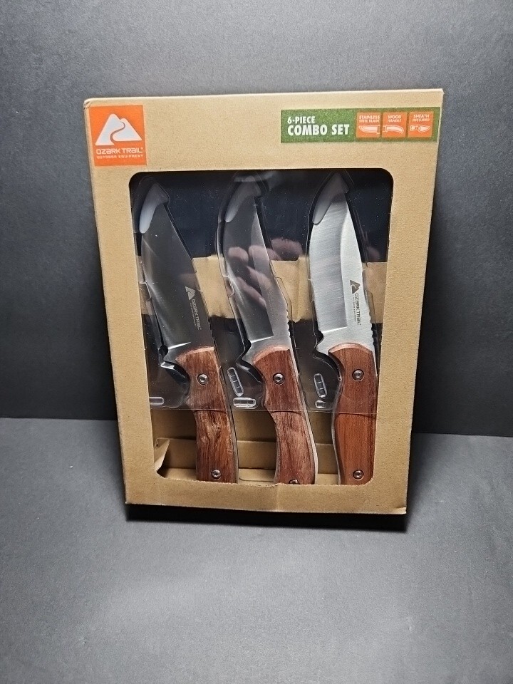 Ozark Trail 6-piece Combo Set New With Sheaths Wood Handles Stainless Steel