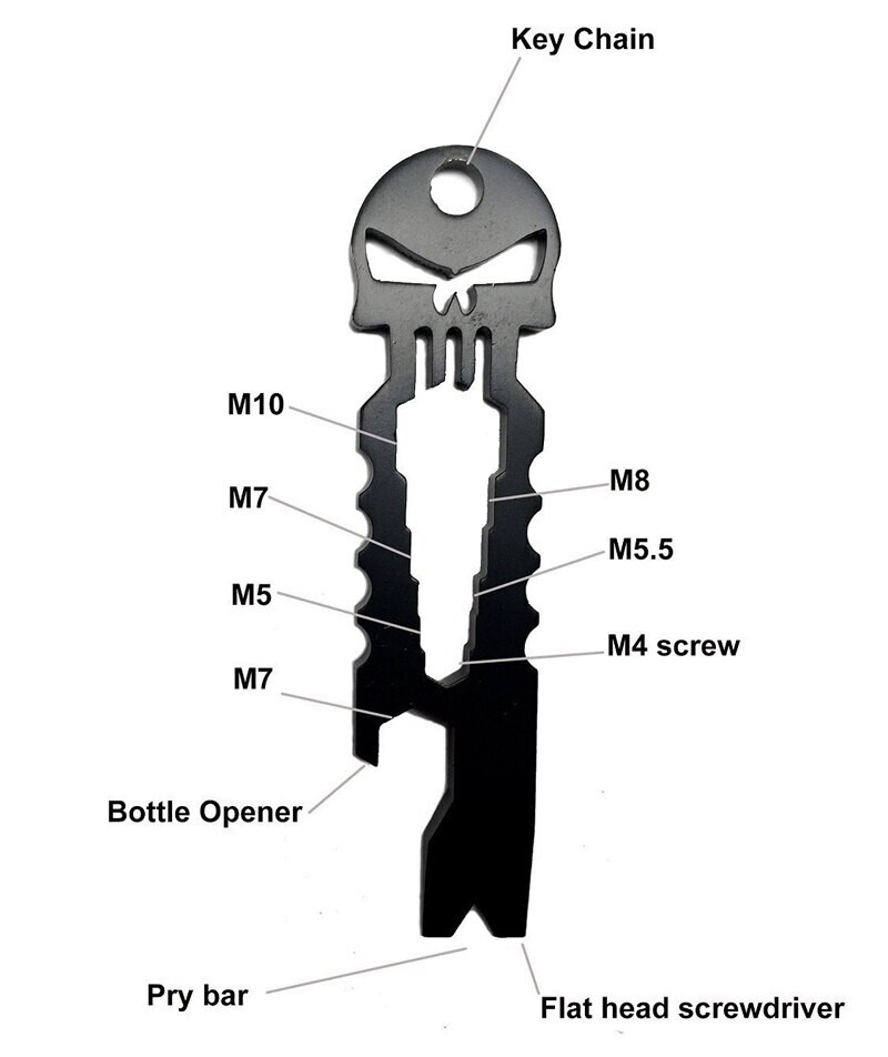 Skull Keychain Crowbar Screwdriver Hex Wrench Carabiner Clip Opener EDC – Black