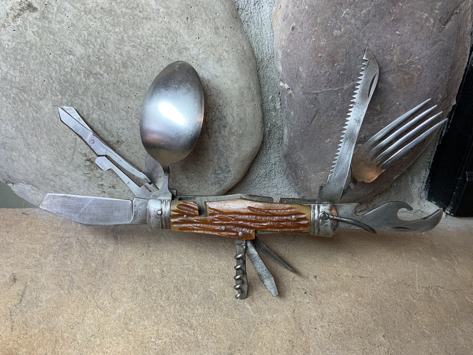 Vtg Camp Multi Tool 11 Gadgets Full Size Spoon Fork Saw Knife Open Hi Test Japan