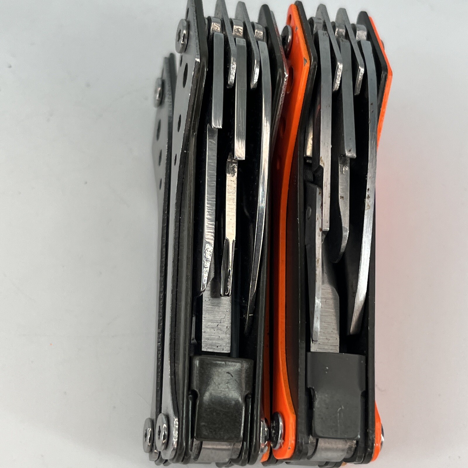 LOT OF 2 Cabela’s SILVER & ORANGE Mini MultiTool Spring Open Pliers Scissors Saw