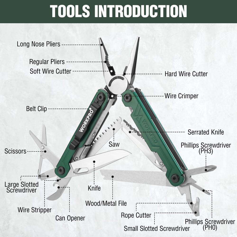WORKPRO 18-in-1 Multi Tool Plier Stainless Steel Multitool Pocket Knife w/2 Lock