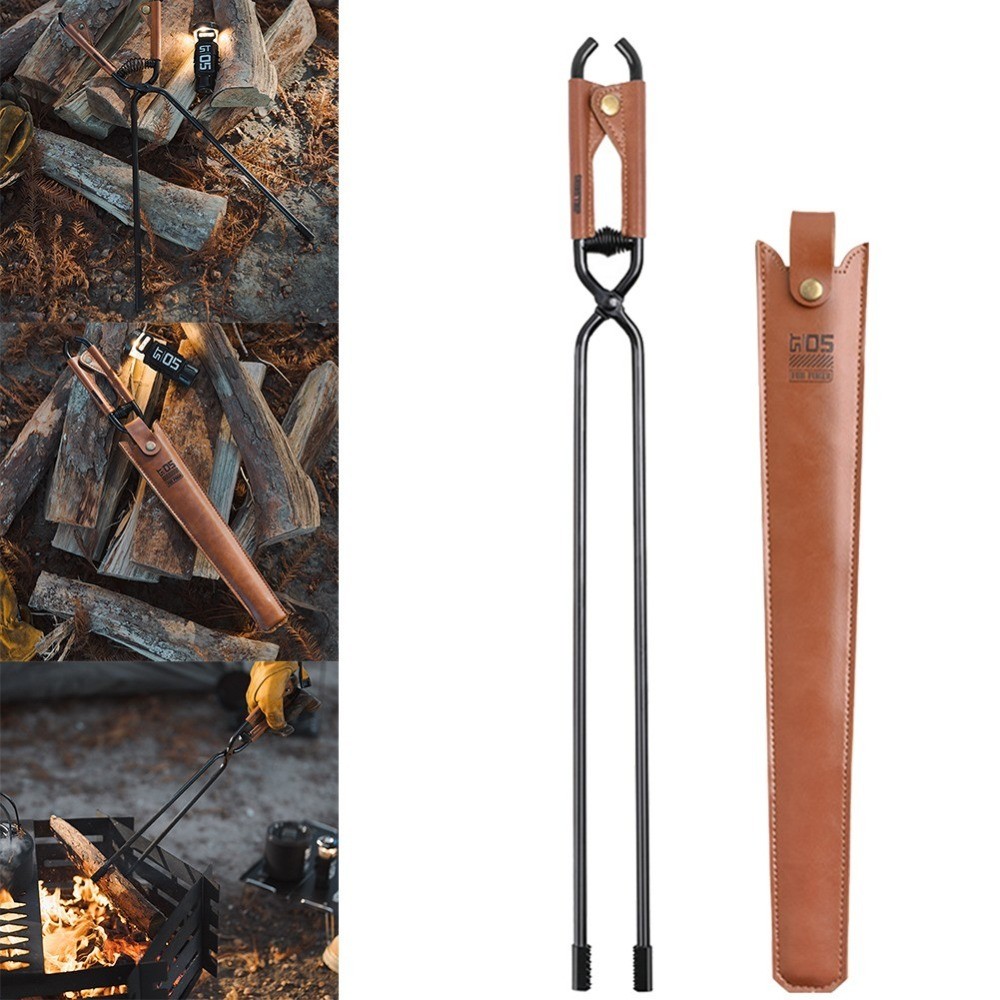 For Carbon Steel Camping Charcoal Tongs Bonfire BBQ Firewood Clip Leather Handle